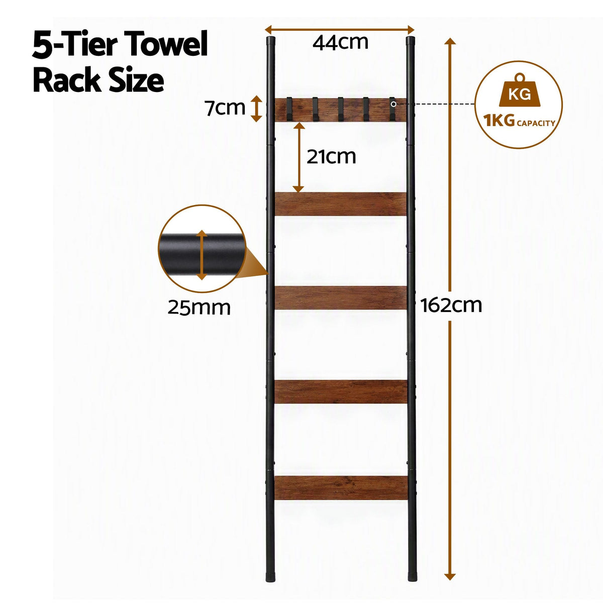 Alona.com.au Home & Garden > Bathroom Accessories > Towel Racks & Holders Devanti 5-Tier Blanket Ladder with Anti-Tip Kit, Towel Rack for Bathroom, Quilt Rack with 5 Hooks for Clothes and Bags, Black Metal and Rustic Wood Leaning Ladder Shelf, 44x160cm