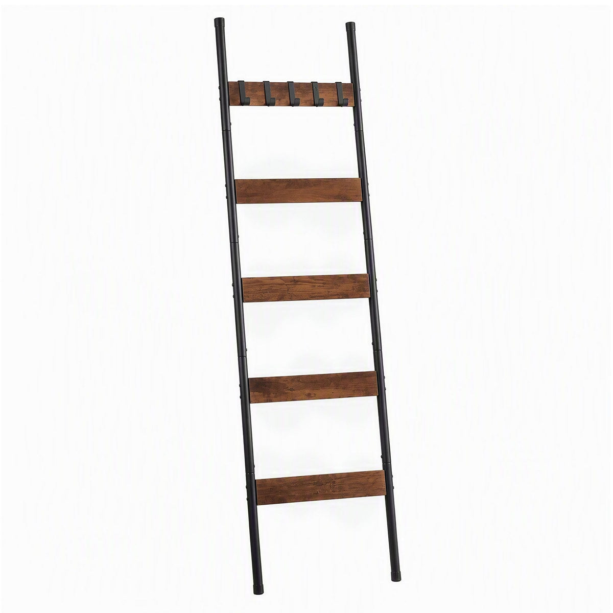Alona.com.au Home & Garden > Bathroom Accessories > Towel Racks & Holders Devanti 5-Tier Blanket Ladder with Anti-Tip Kit, Towel Rack for Bathroom, Quilt Rack with 5 Hooks for Clothes and Bags, Black Metal and Rustic Wood Leaning Ladder Shelf, 44x160cm