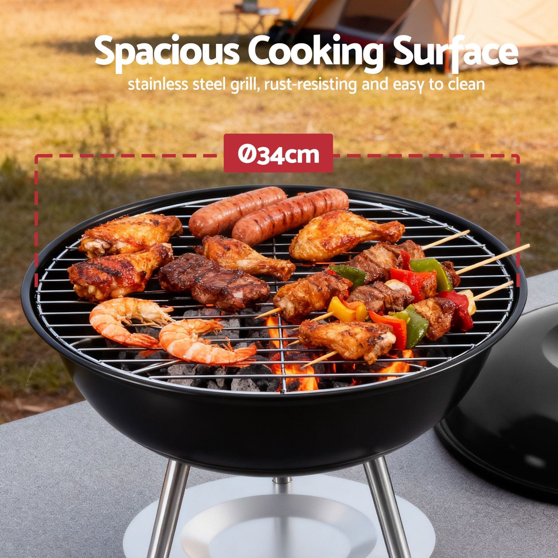Alona.com.au Home & Garden > BBQ > BBQs & Accessories Grillz Charcoal BBQ Grill Portable with Lid for Camping Outdoor