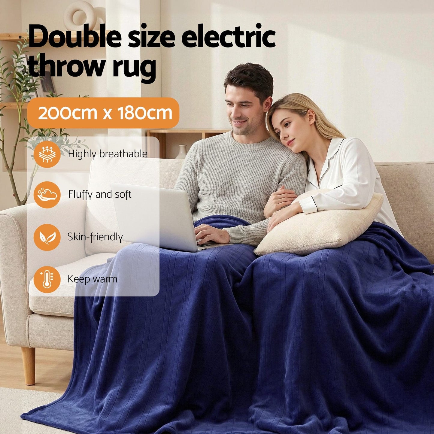 Alona.com.au Home & Garden > Bedding > Blankets & Throws Giselle Electric Throw Rug Double Size 200x180cm Coral Fleece Heated Blanket Navy Blue