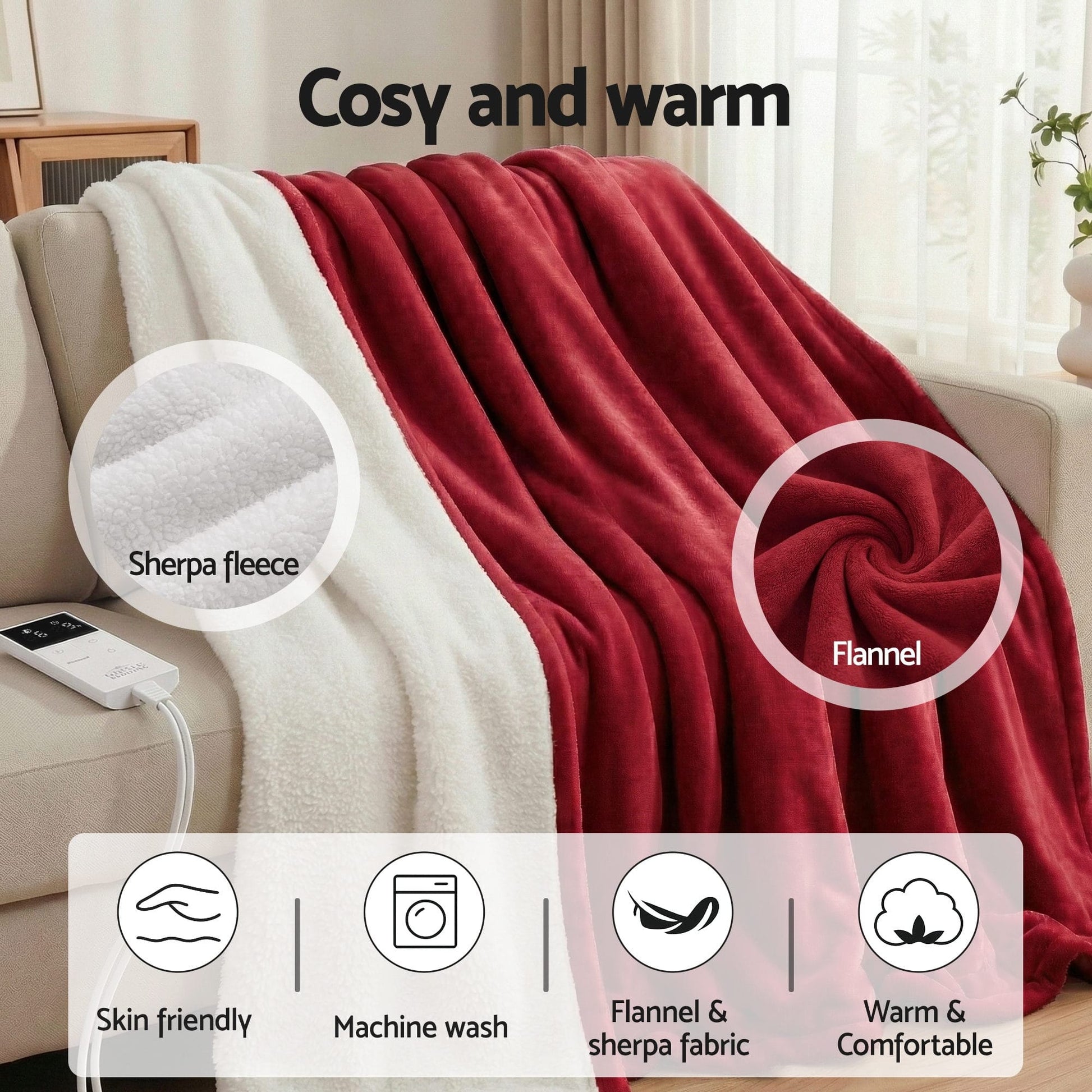 Alona.com.au Home & Garden > Bedding > Blankets & Throws Giselle Electric Throw Rug Double Size 200x180cm Fleece Flannel Heated Blanket Burgundy