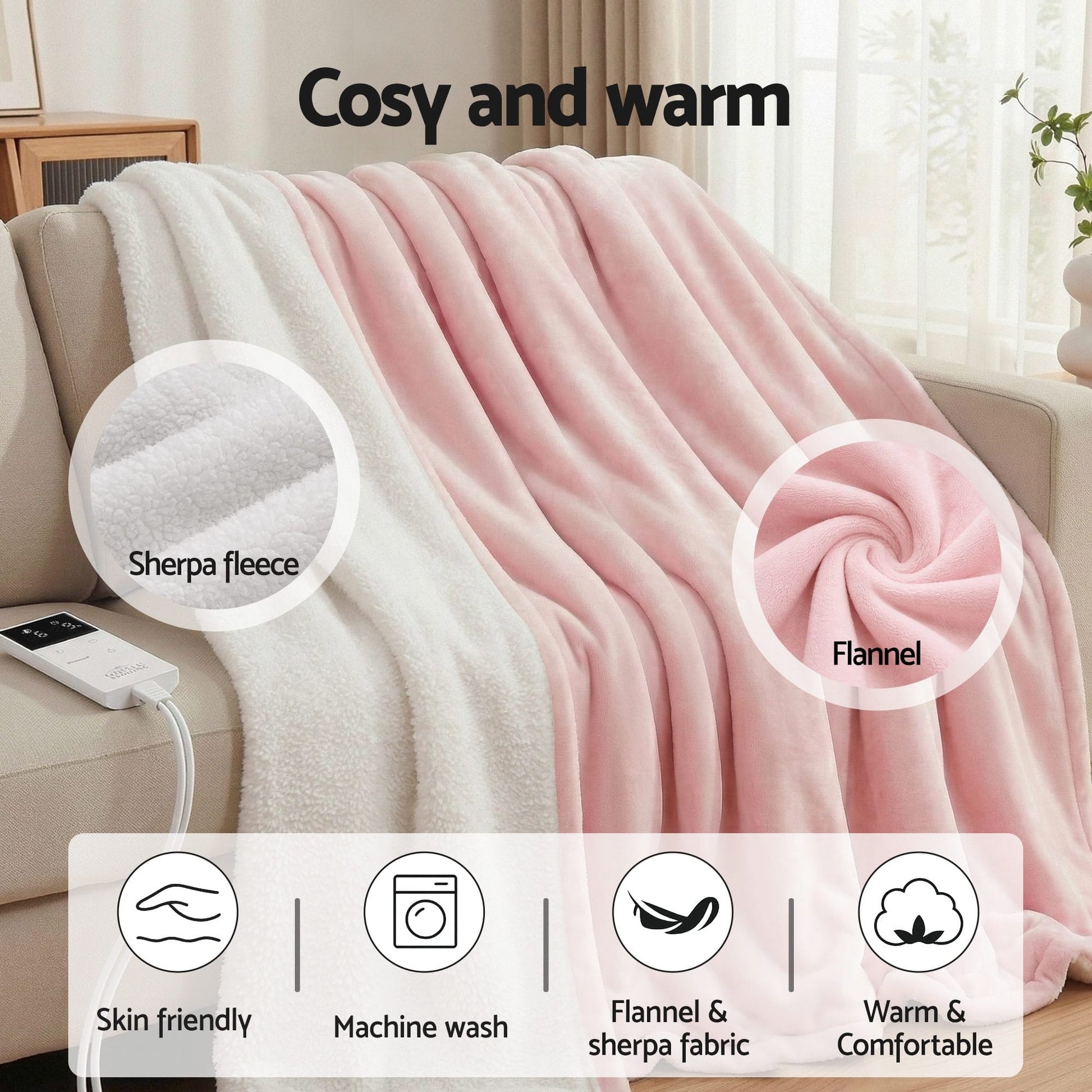 Alona.com.au Home & Garden > Bedding > Blankets & Throws Giselle Electric Throw Rug Double Size 200x180cm Fleece Flannel Heated Blanket Pink