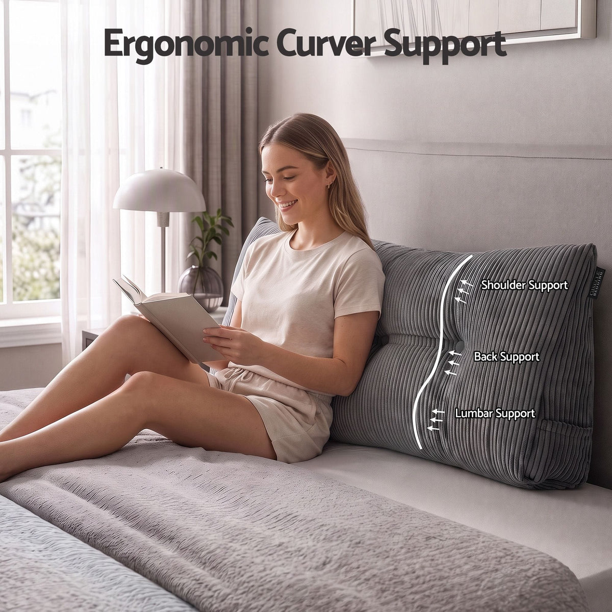 Alona.com.au Home & Garden > Bedding > Pillows Giselle Headboard Pillow for Sitting in Bed, Upgraded Shredded Foam Reading Wedge Cushion for Lumbar Support, 320g Corduroy Backrest with Side Pockets for Dorm Daybed, Double