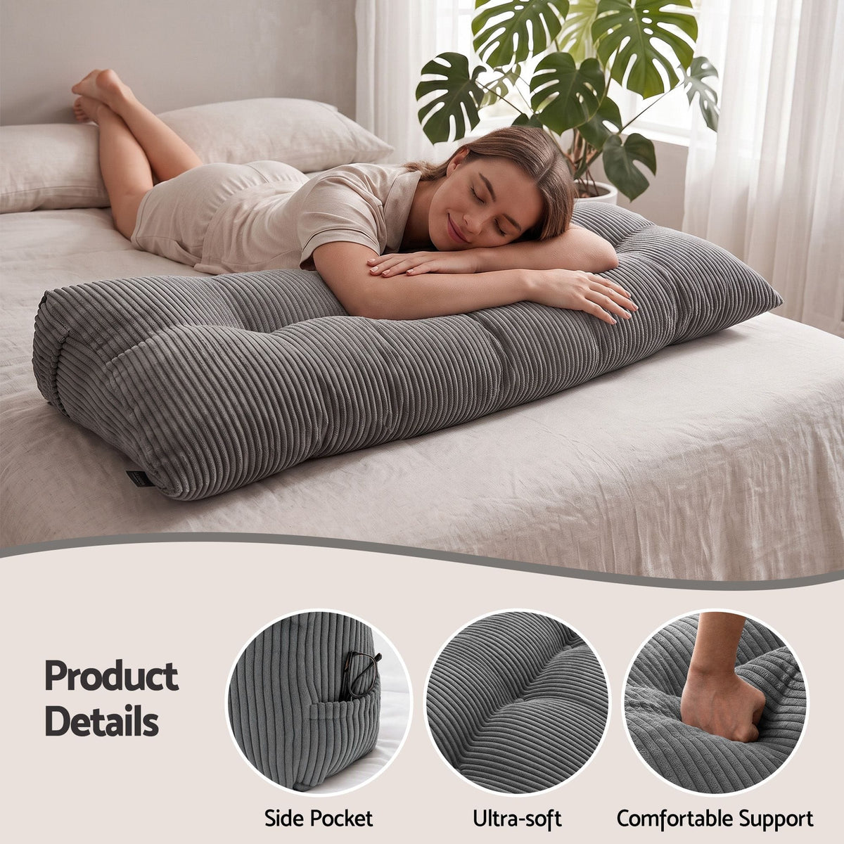 Alona.com.au Home & Garden > Bedding > Pillows Giselle Headboard Pillow for Sitting in Bed, Upgraded Shredded Foam Reading Wedge Cushion for Lumbar Support, 320g Corduroy Backrest with Side Pockets for Dorm Daybed, Double