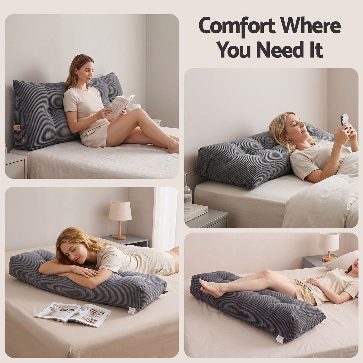 Alona.com.au Home & Garden > Bedding > Pillows Giselle Headboard Pillow for Sitting in Bed, Upgraded Shredded Foam Reading Wedge Cushion for Lumbar Support, 320g Corduroy Backrest with Side Pockets for Dorm Daybed, Double