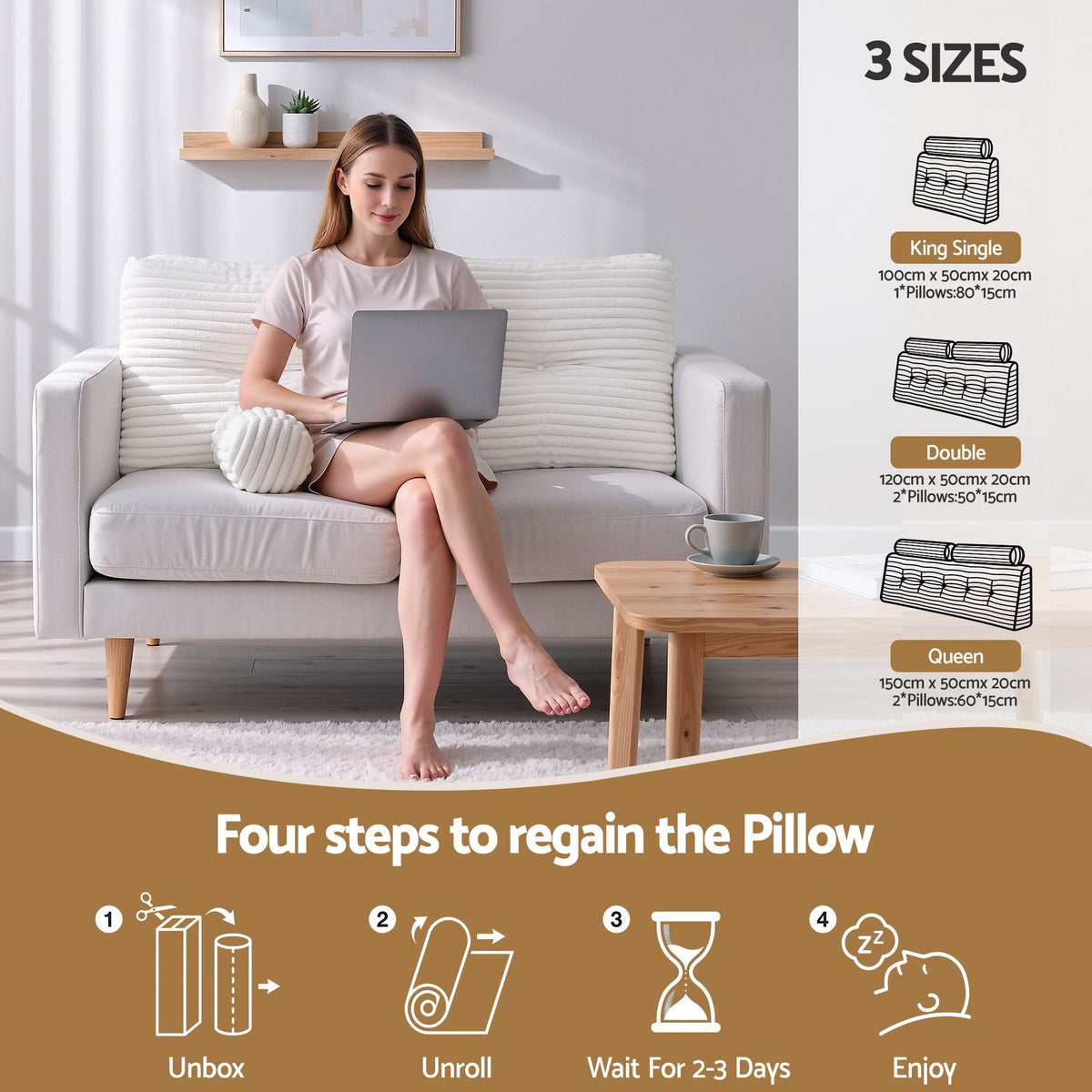 Alona.com.au Home & Garden > Bedding > Pillows Giselle wedge pillow headboard with non-flattening shredded foam core, perfect for dorm reading or sofa lap desk, 330g corduroy cover, side pockets, King Single