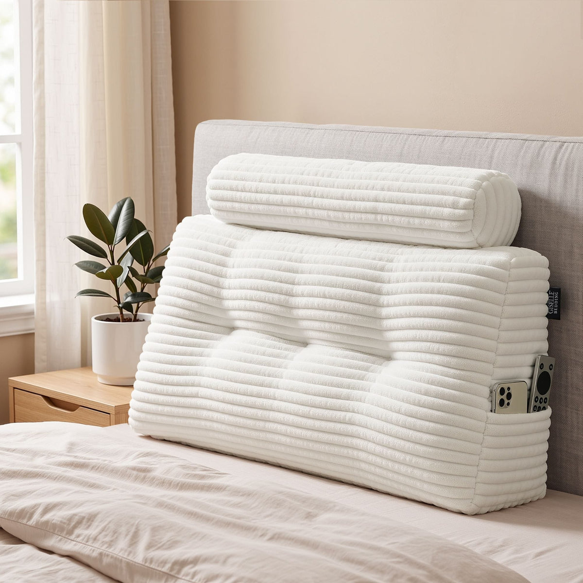 Alona.com.au Home & Garden > Bedding > Pillows Giselle wedge pillow headboard with non-flattening shredded foam core, perfect for dorm reading or sofa lap desk, 330g corduroy cover, side pockets, King Single