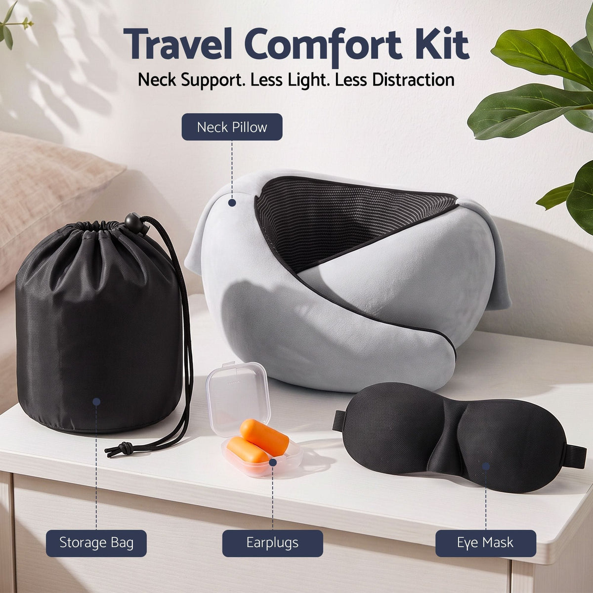 Alona.com.au Home & Garden > Bedding > Pillows Wanderlite Hooded Travel Neck Pillow for Airplane Memory Foam with Eye Mask Earplugs, Light Grey