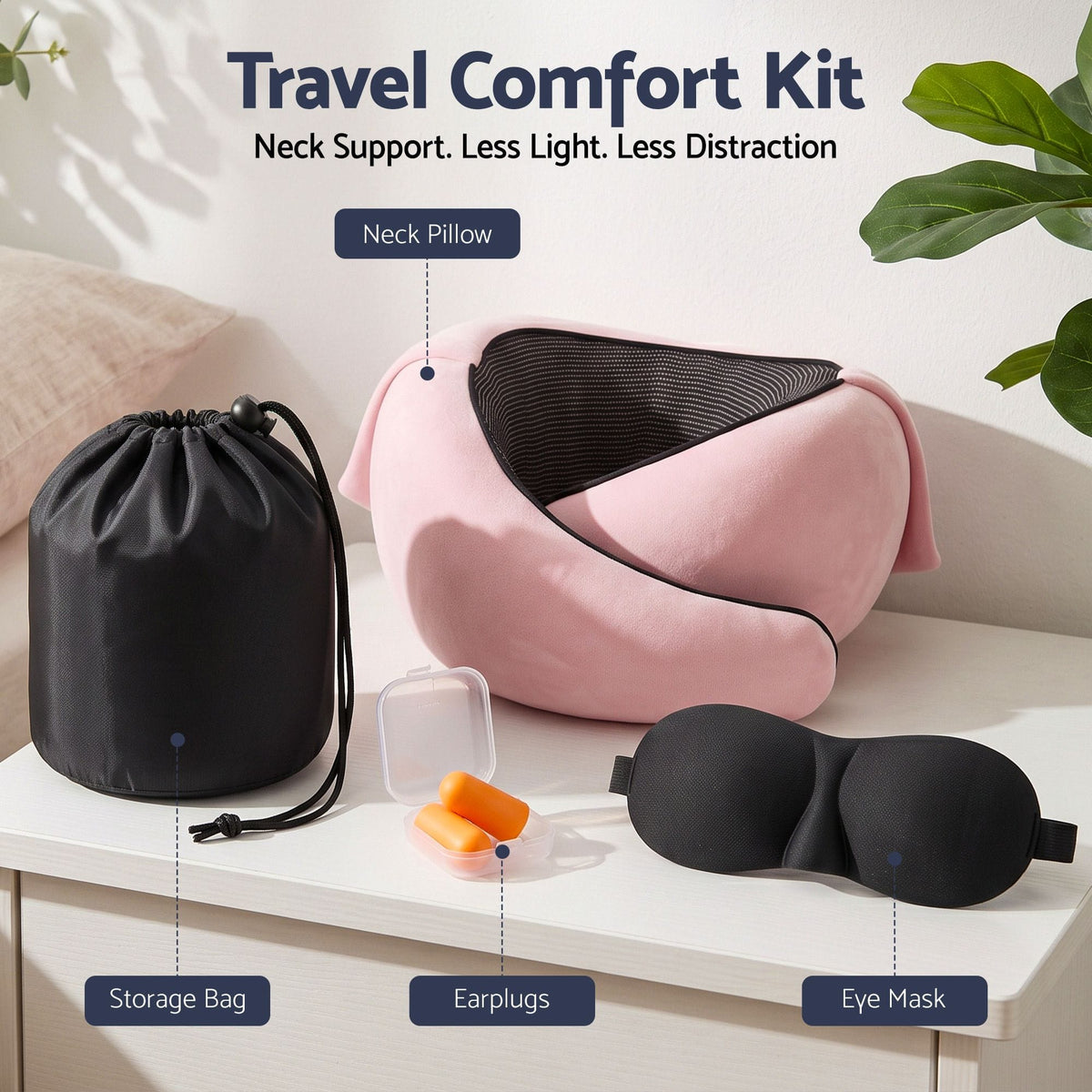 Alona.com.au Home & Garden > Bedding > Pillows Wanderlite Hooded Travel Neck Pillow for Airplane Memory Foam with Eye Mask Earplugs, Pink