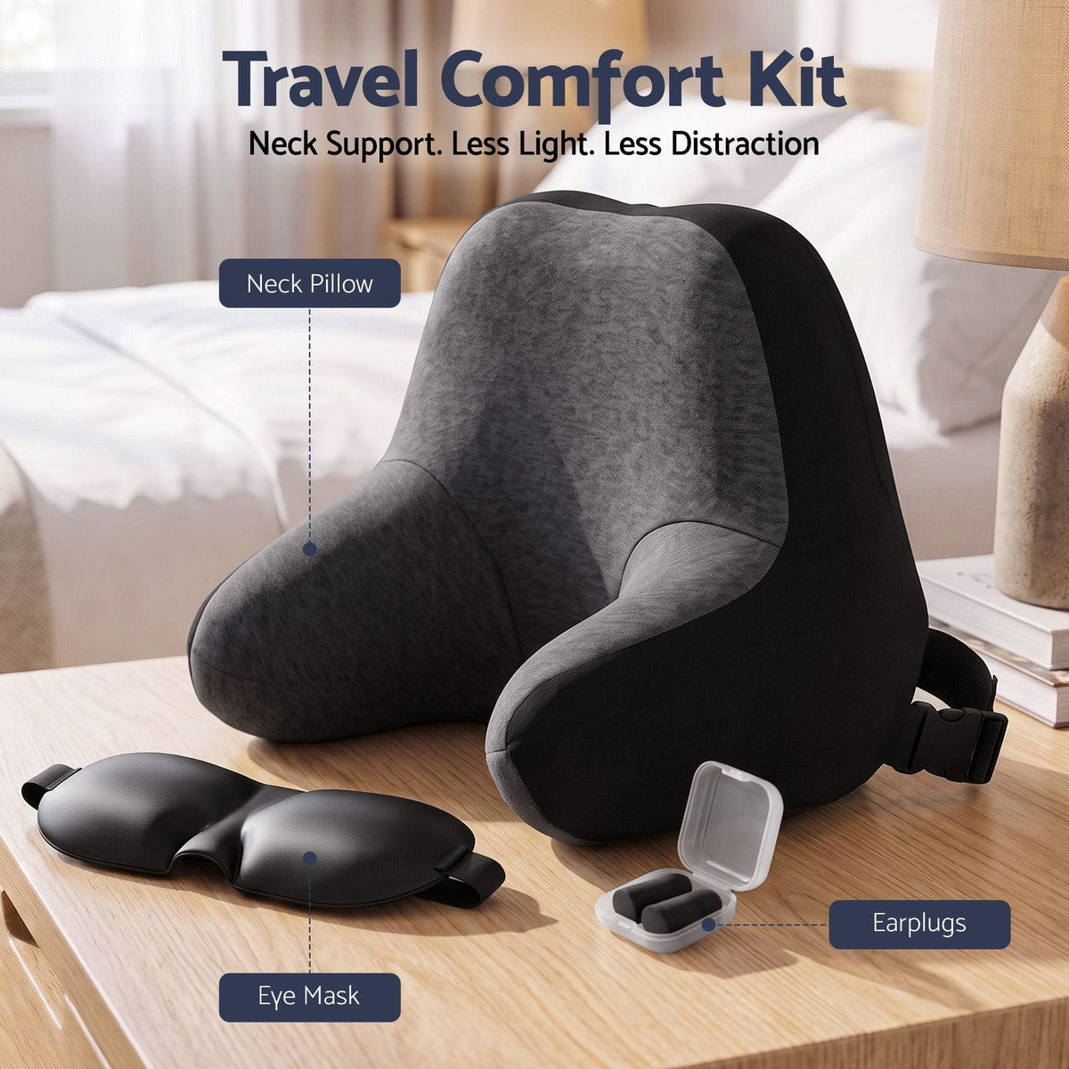 Alona.com.au Home & Garden > Bedding > Pillows Wanderlite Travel Neck Pillow Portable for Airplane Memory Foam with Eyemask Earplugs Black
