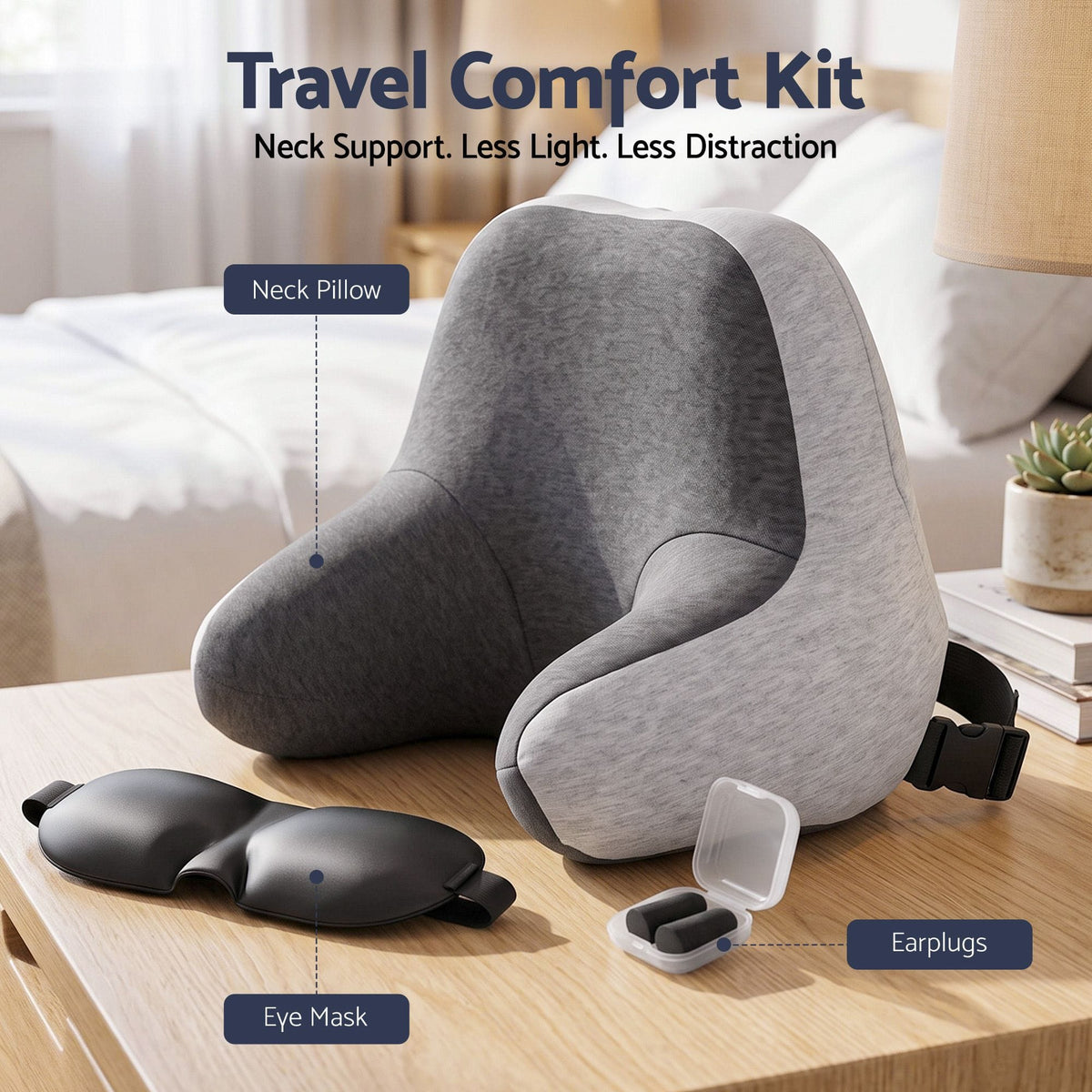 Alona.com.au Home & Garden > Bedding > Pillows Wanderlite Travel Neck Pillow Portable for Airplane Memory Foam with Eyemask Earplugs Grey