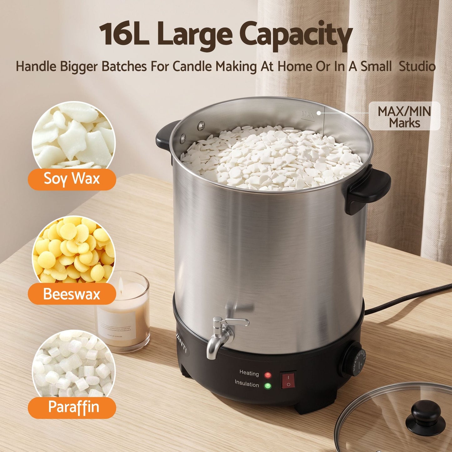 Alona.com.au Home & Garden > Decor > Candle Accessories Devanti 16L Wax Melter Candle Making 1500W Melting Pot Furnace Quick Pour Spout Soy Soap