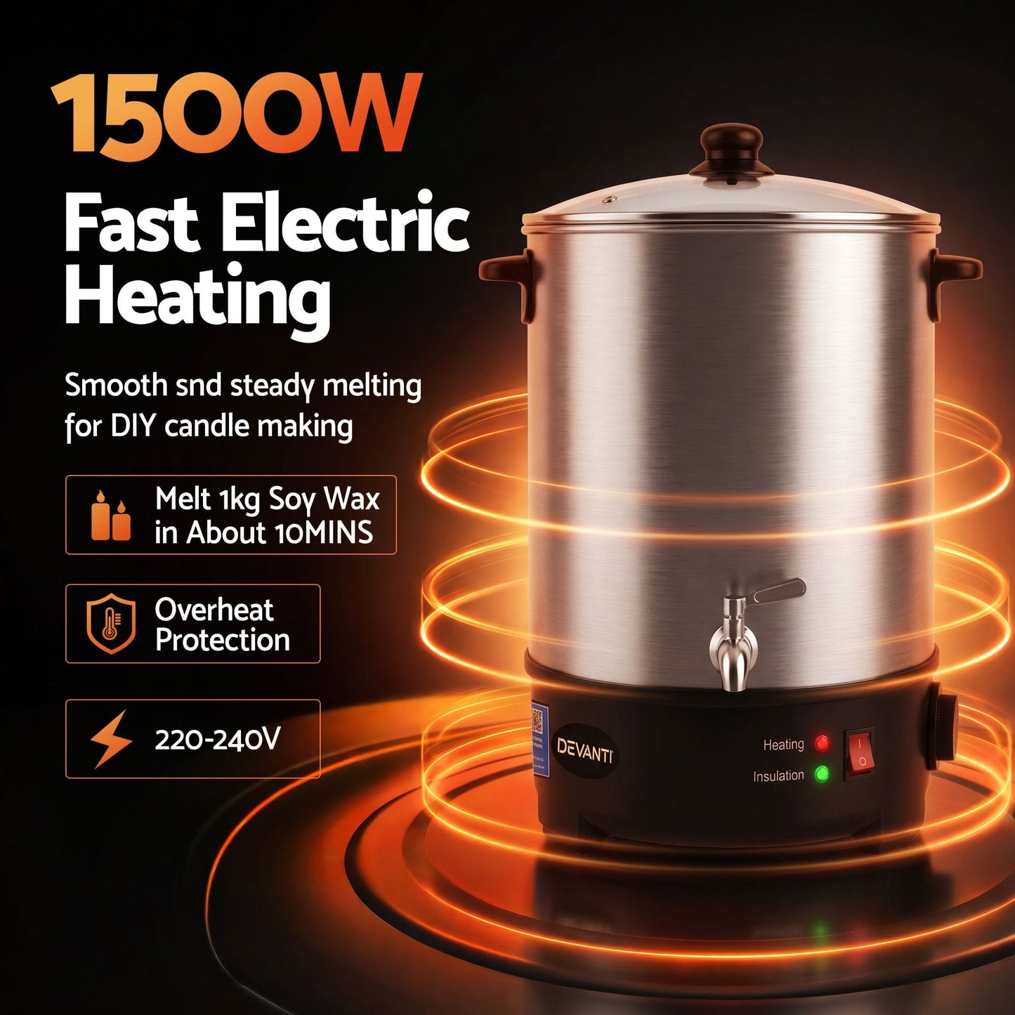 Alona.com.au Home & Garden > Decor > Candle Accessories Devanti 16L Wax Melter Candle Making 1500W Melting Pot Furnace Quick Pour Spout Soy Soap