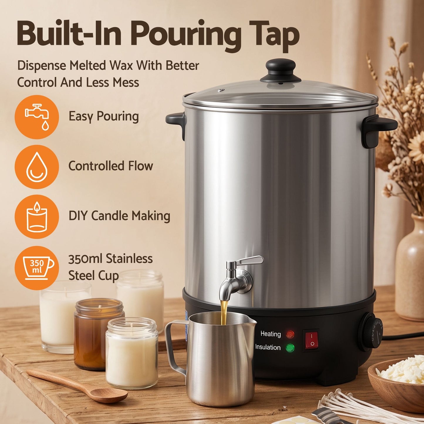 Alona.com.au Home & Garden > Decor > Candle Accessories Devanti 16L Wax Melter Candle Making 1500W Melting Pot Furnace Quick Pour Spout Soy Soap