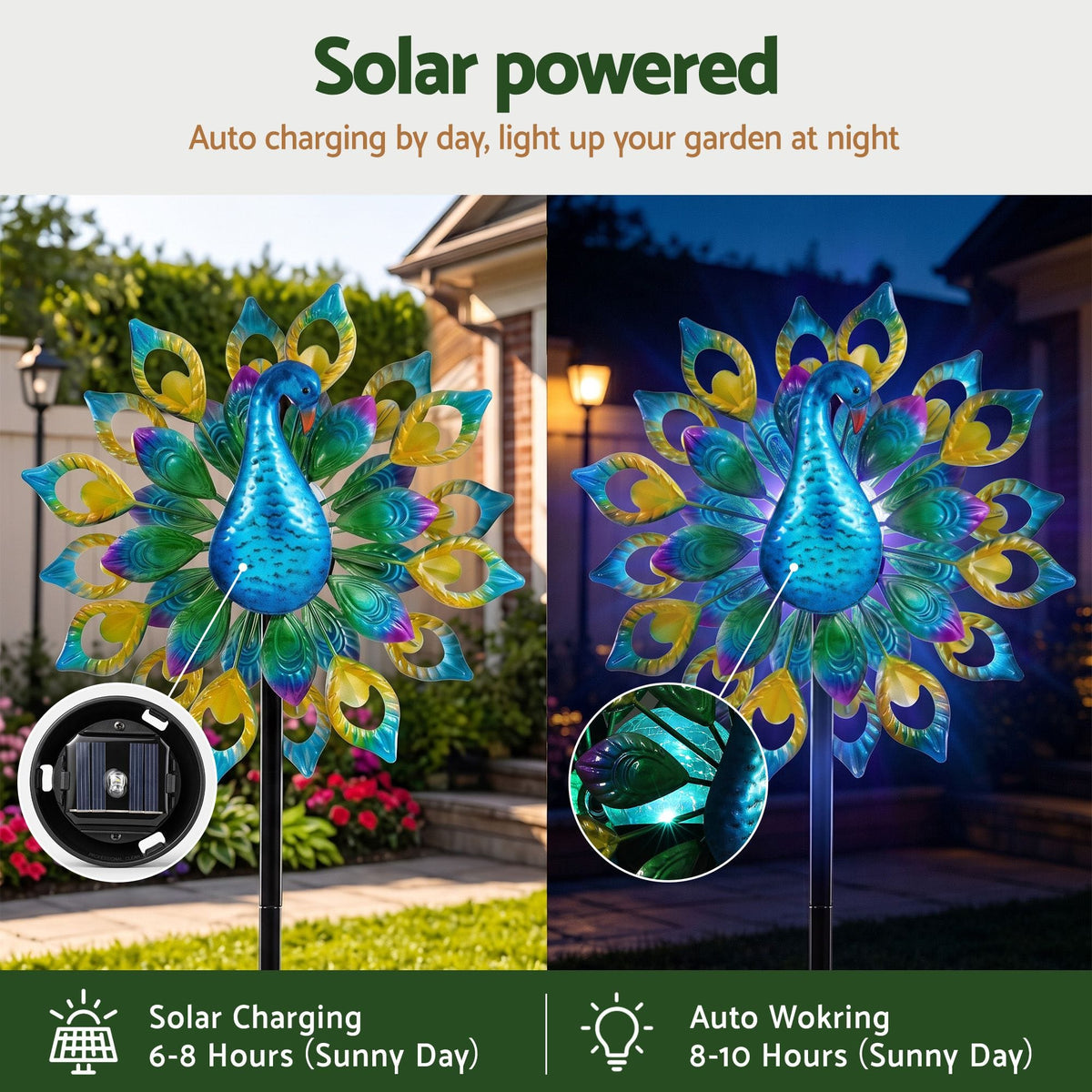 Alona.com.au Home & Garden > Decor > Garden Ornaments Gardeon Garden Windmill Solar Light Colorful Peacock Metal Spinner 190cm
