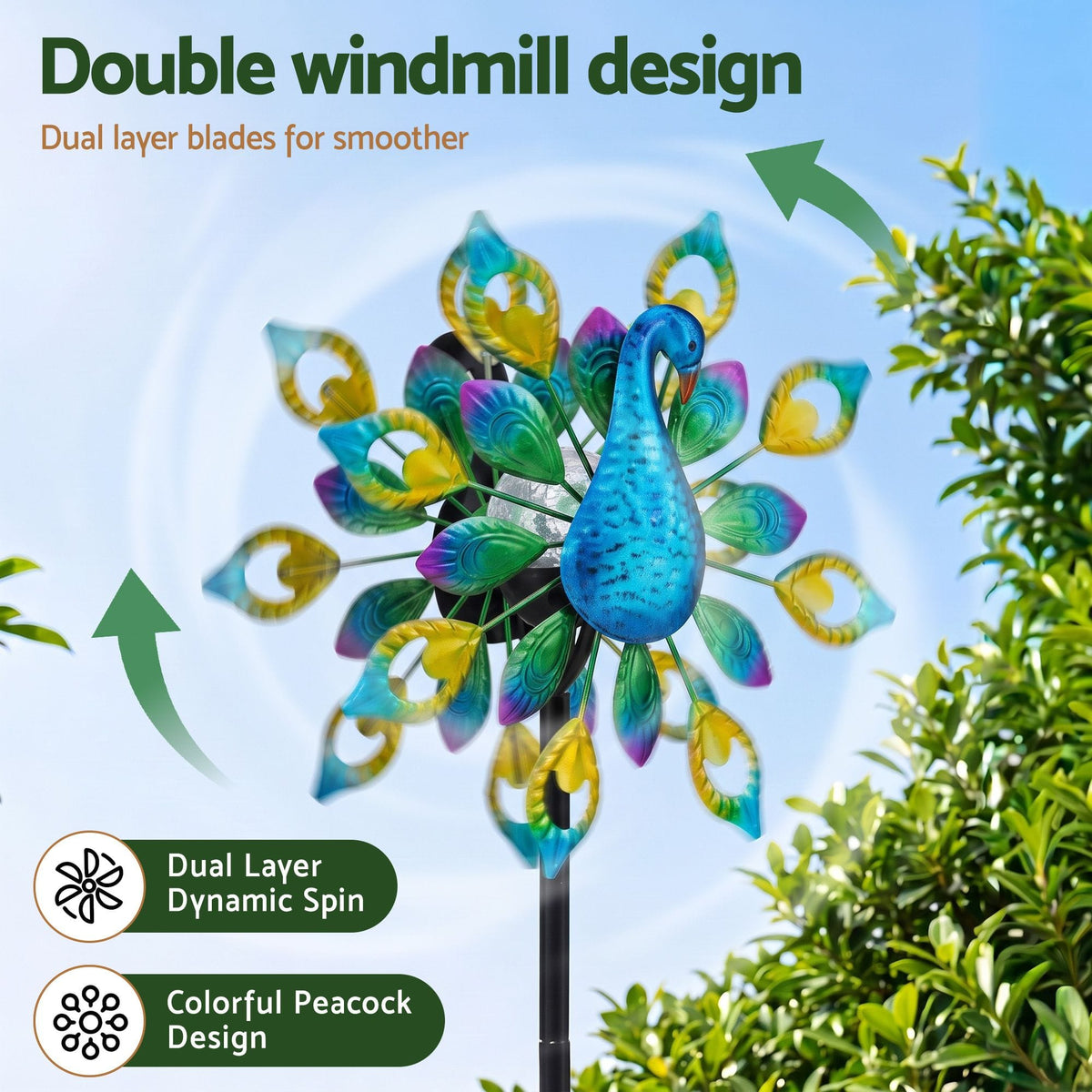 Alona.com.au Home & Garden > Decor > Garden Ornaments Gardeon Garden Windmill Solar Light Colorful Peacock Metal Spinner 190cm