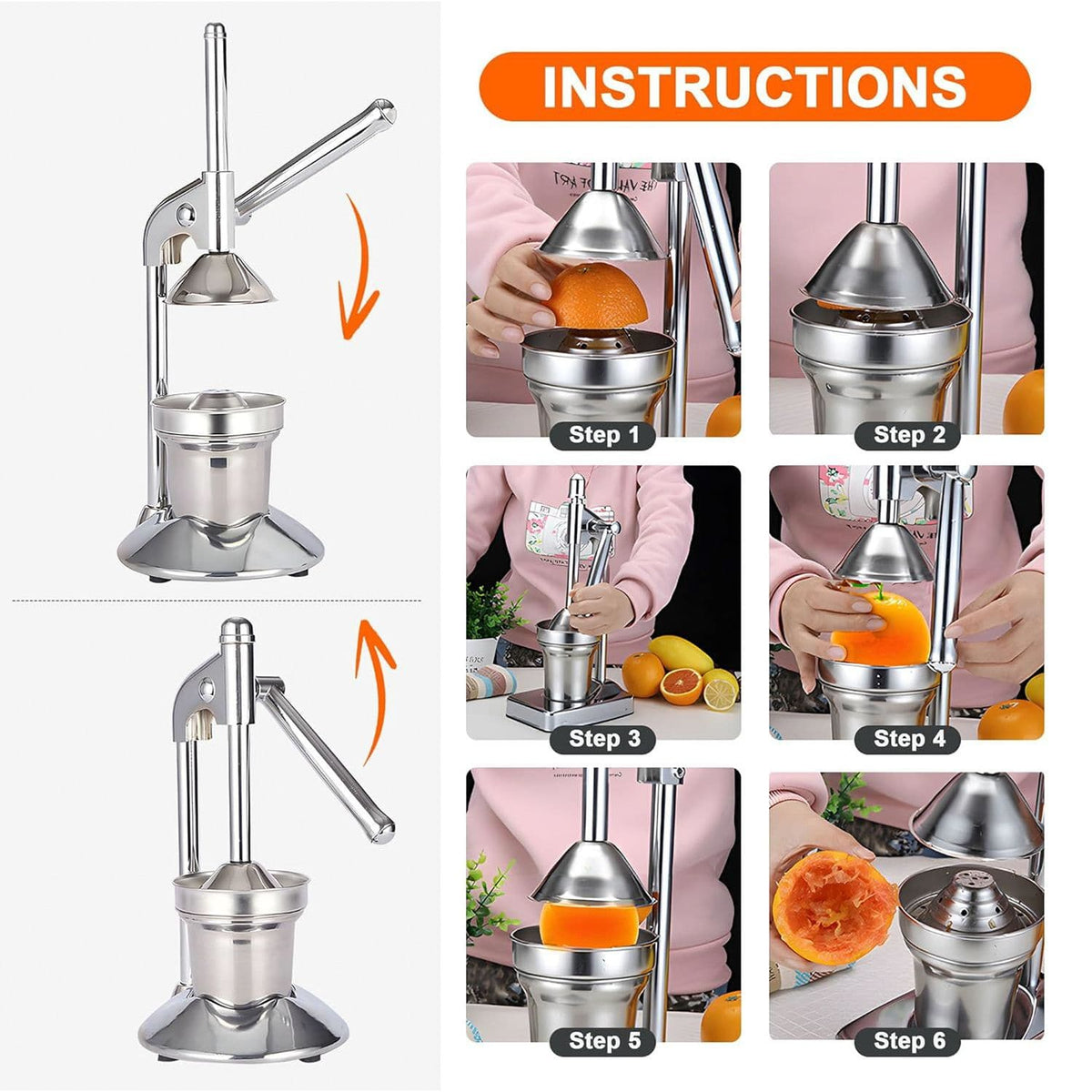 Alona.com.au Home & Garden > DIY > Kitchen & Bathroom DIY Manual Juicer Press | Stainless Steel, Commercial Grade & Easy to Clean, Hand Press for Citrus/Orange, Professional Fruit Squeezer, Silver