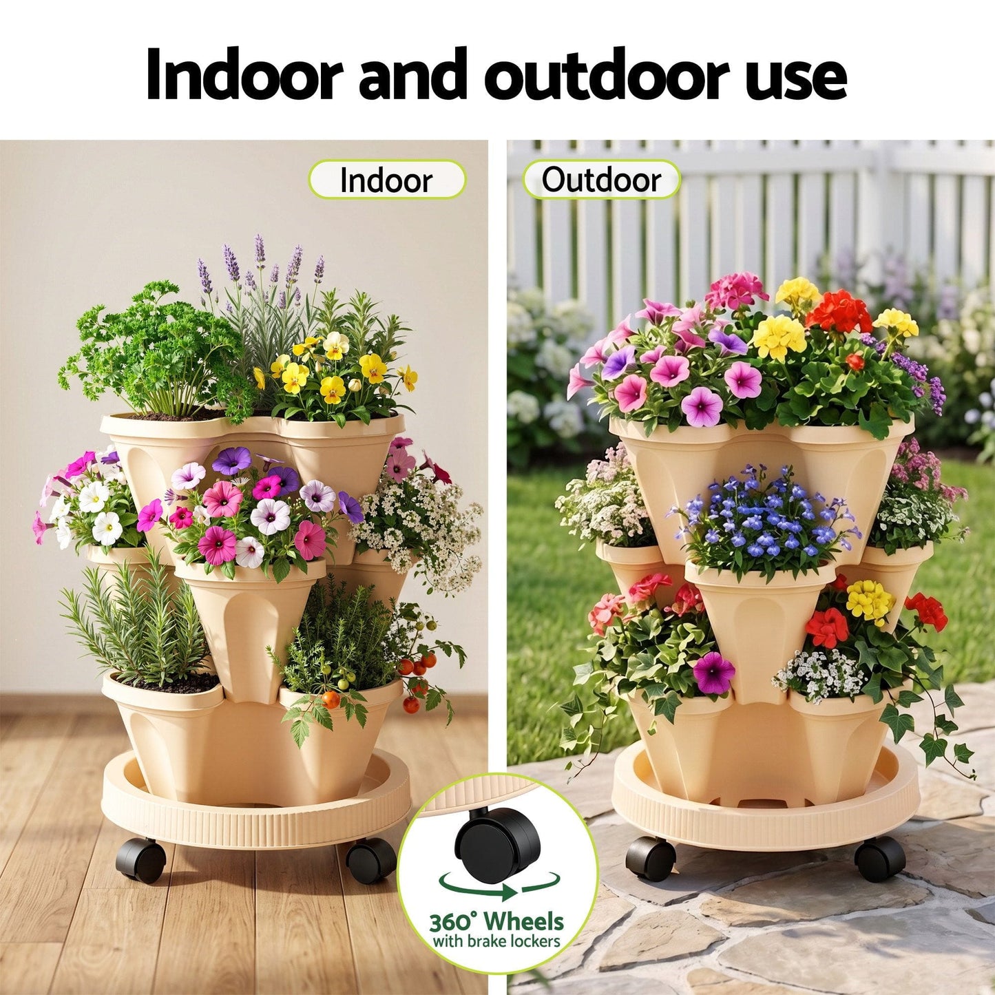 Alona.com.au Home & Garden > Garden Beds > Garden Beds & Planters Green Fingers 3 Tier Stackable Vertical Planter Tower Strawberry Pot Wheels Beige
