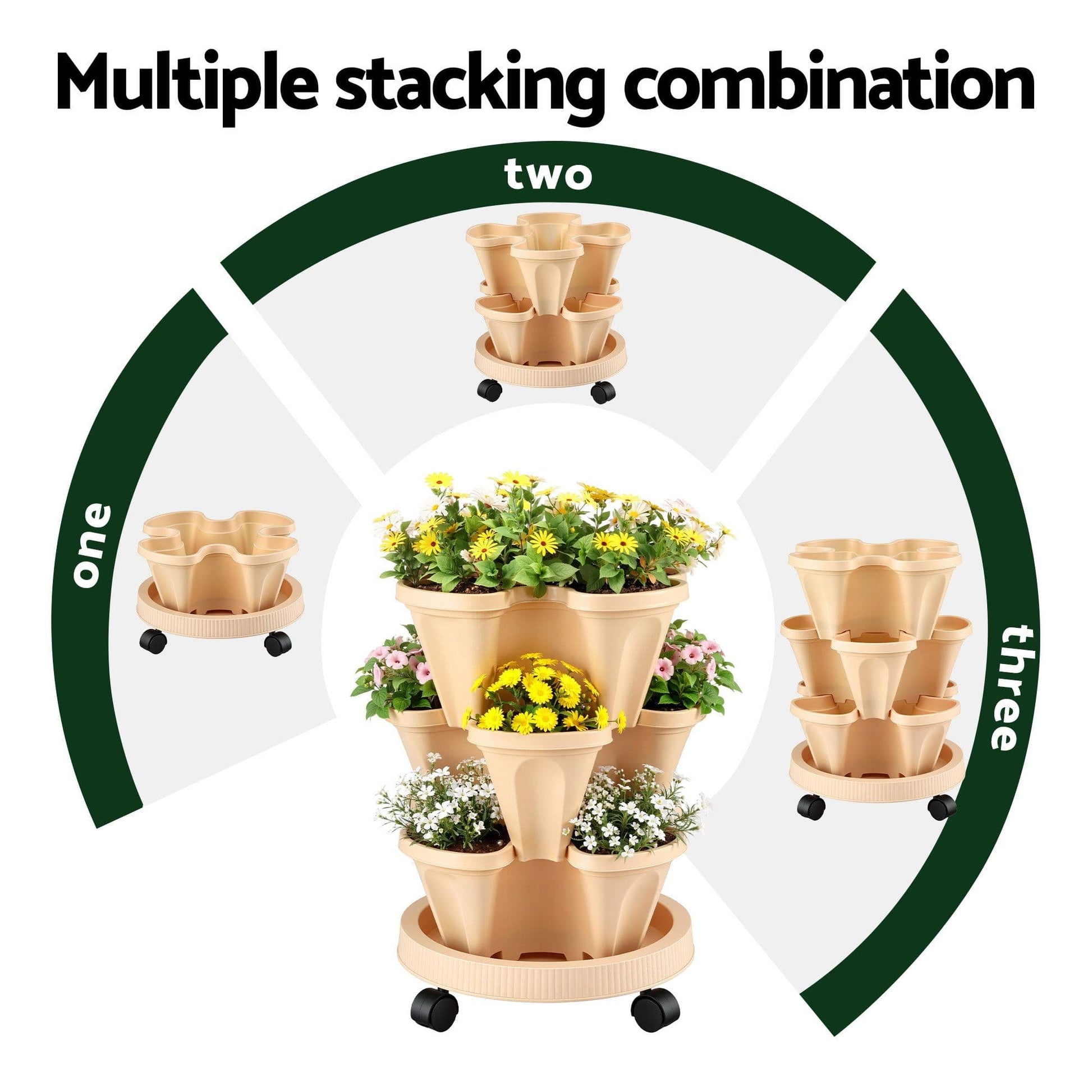 Alona.com.au Home & Garden > Garden Beds > Garden Beds & Planters Green Fingers 3 Tier Stackable Vertical Planter Tower Strawberry Pot Wheels Beige
