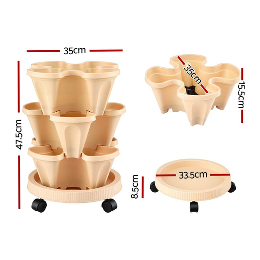 Alona.com.au Home & Garden > Garden Beds > Garden Beds & Planters Green Fingers 3 Tier Stackable Vertical Planter Tower Strawberry Pot Wheels Beige