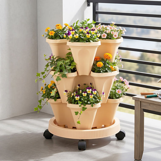 Alona.com.au Home & Garden > Garden Beds > Garden Beds & Planters Green Fingers 3 Tier Stackable Vertical Planter Tower Strawberry Pot Wheels Beige