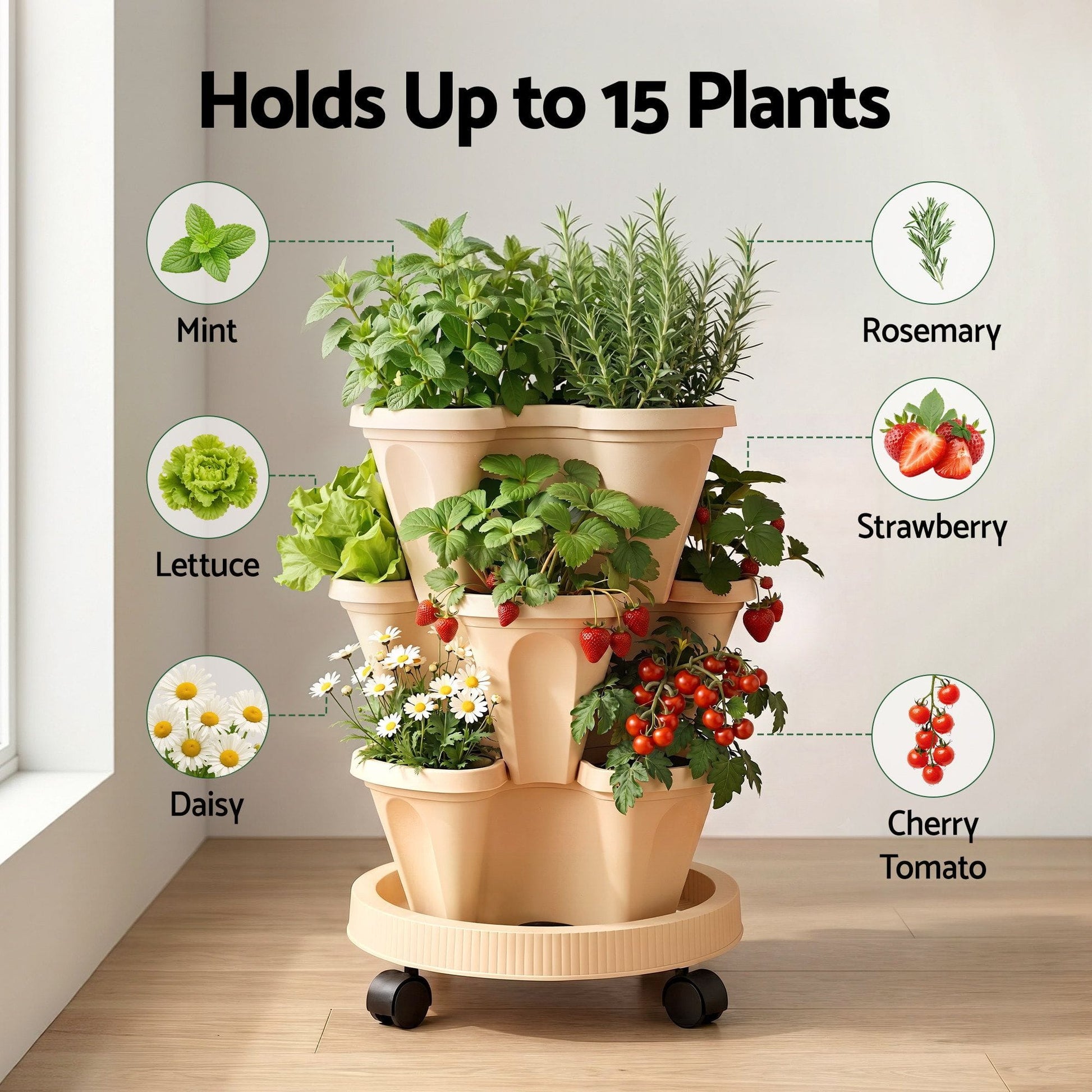Alona.com.au Home & Garden > Garden Beds > Garden Beds & Planters Green Fingers 3 Tier Stackable Vertical Planter Tower Strawberry Pot Wheels Beige