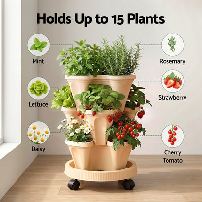 Alona.com.au Home & Garden > Garden Beds > Garden Beds & Planters Green Fingers 3 Tier Stackable Vertical Planter Tower Strawberry Pot Wheels Beige