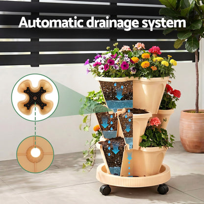 Alona.com.au Home & Garden > Garden Beds > Garden Beds & Planters Green Fingers 3 Tier Stackable Vertical Planter Tower Strawberry Pot Wheels Beige