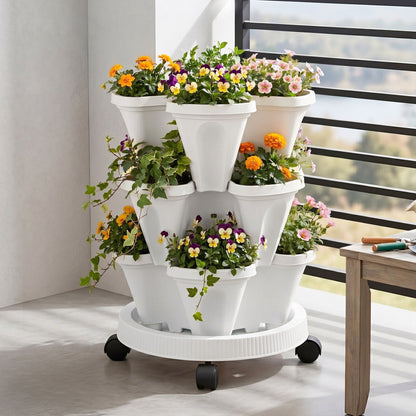 Alona.com.au Home & Garden > Garden Beds > Garden Beds & Planters Green Fingers 3 Tier Stackable Vertical Planter Tower Strawberry Pot Wheels White