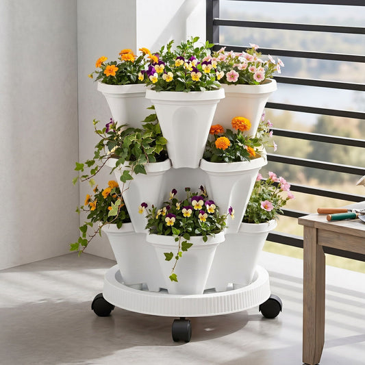 Alona.com.au Home & Garden > Garden Beds > Garden Beds & Planters Green Fingers 3 Tier Stackable Vertical Planter Tower Strawberry Pot Wheels White