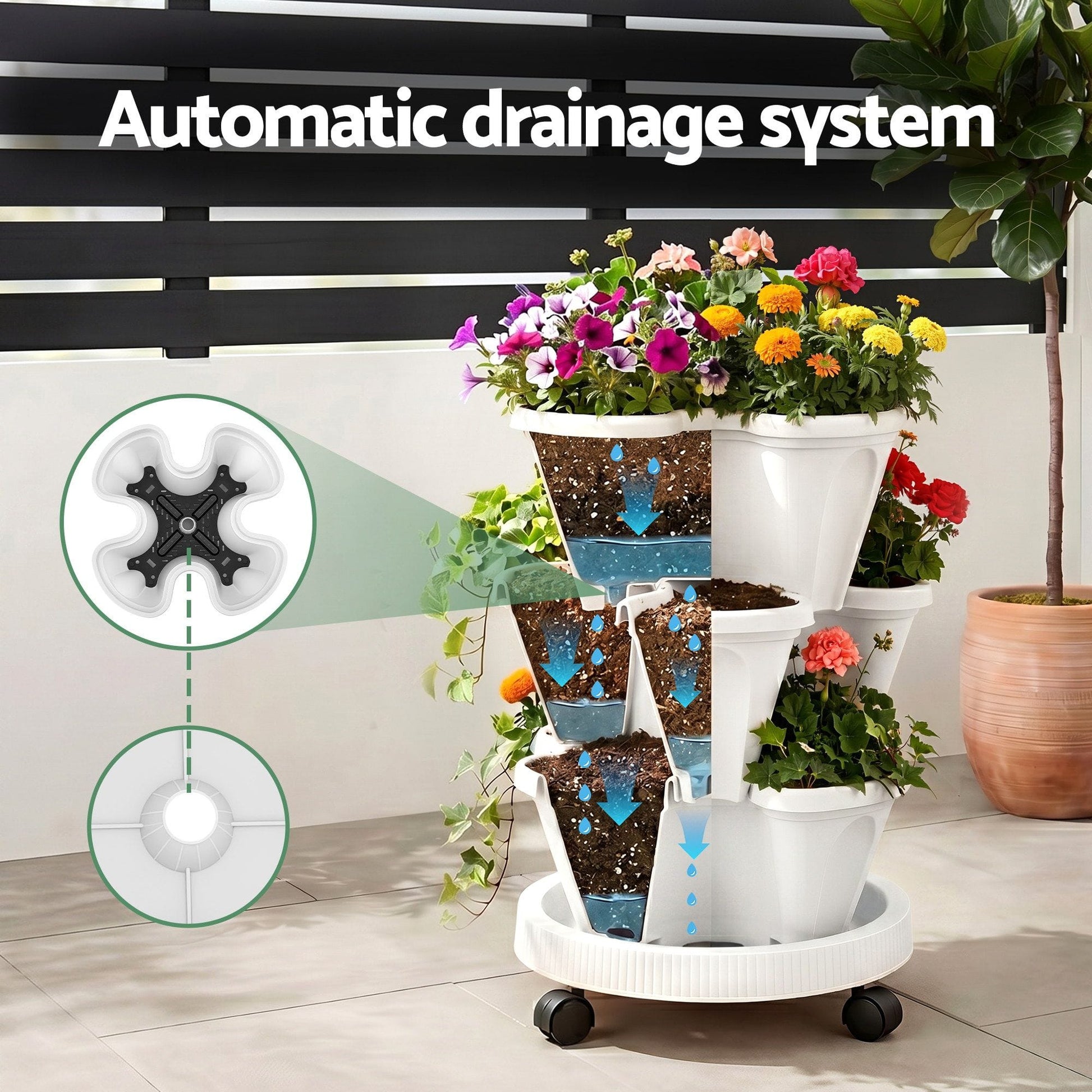 Alona.com.au Home & Garden > Garden Beds > Garden Beds & Planters Green Fingers 3 Tier Stackable Vertical Planter Tower Strawberry Pot Wheels White