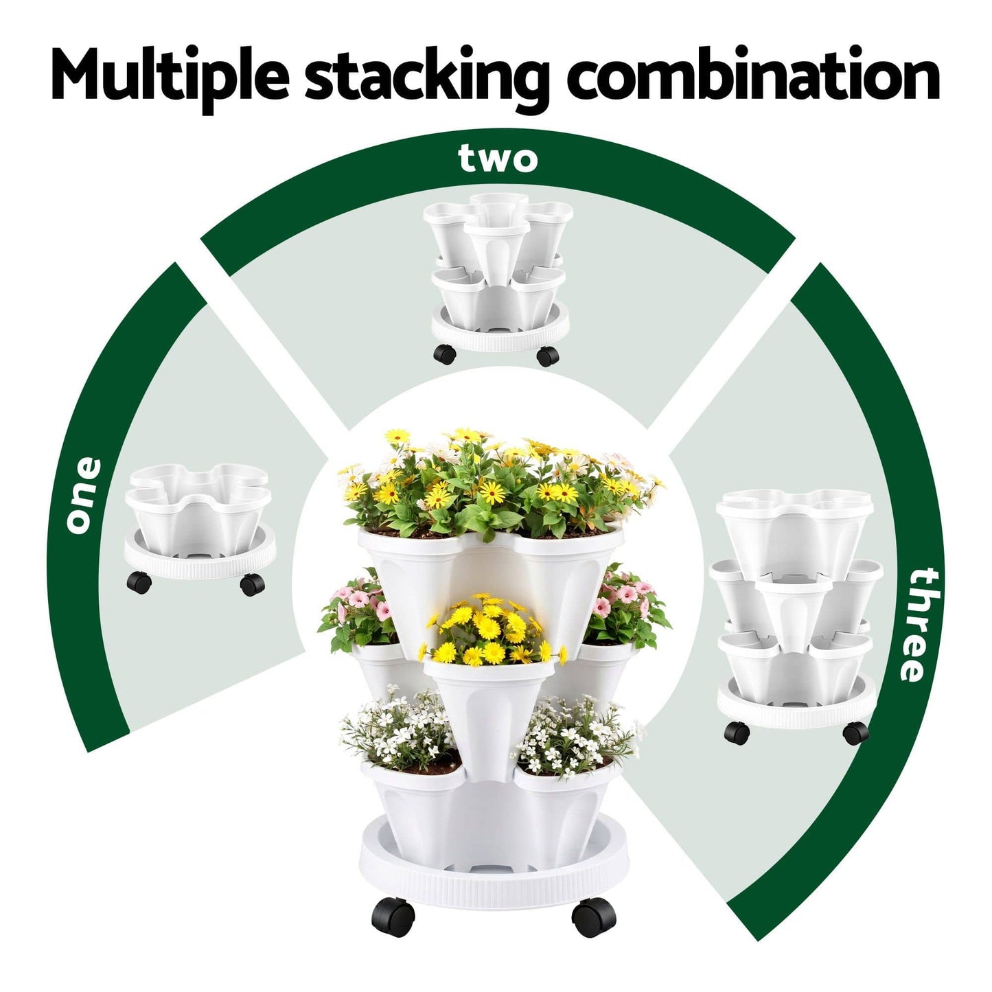 Alona.com.au Home & Garden > Garden Beds > Garden Beds & Planters Green Fingers 3 Tier Stackable Vertical Planter Tower Strawberry Pot Wheels White