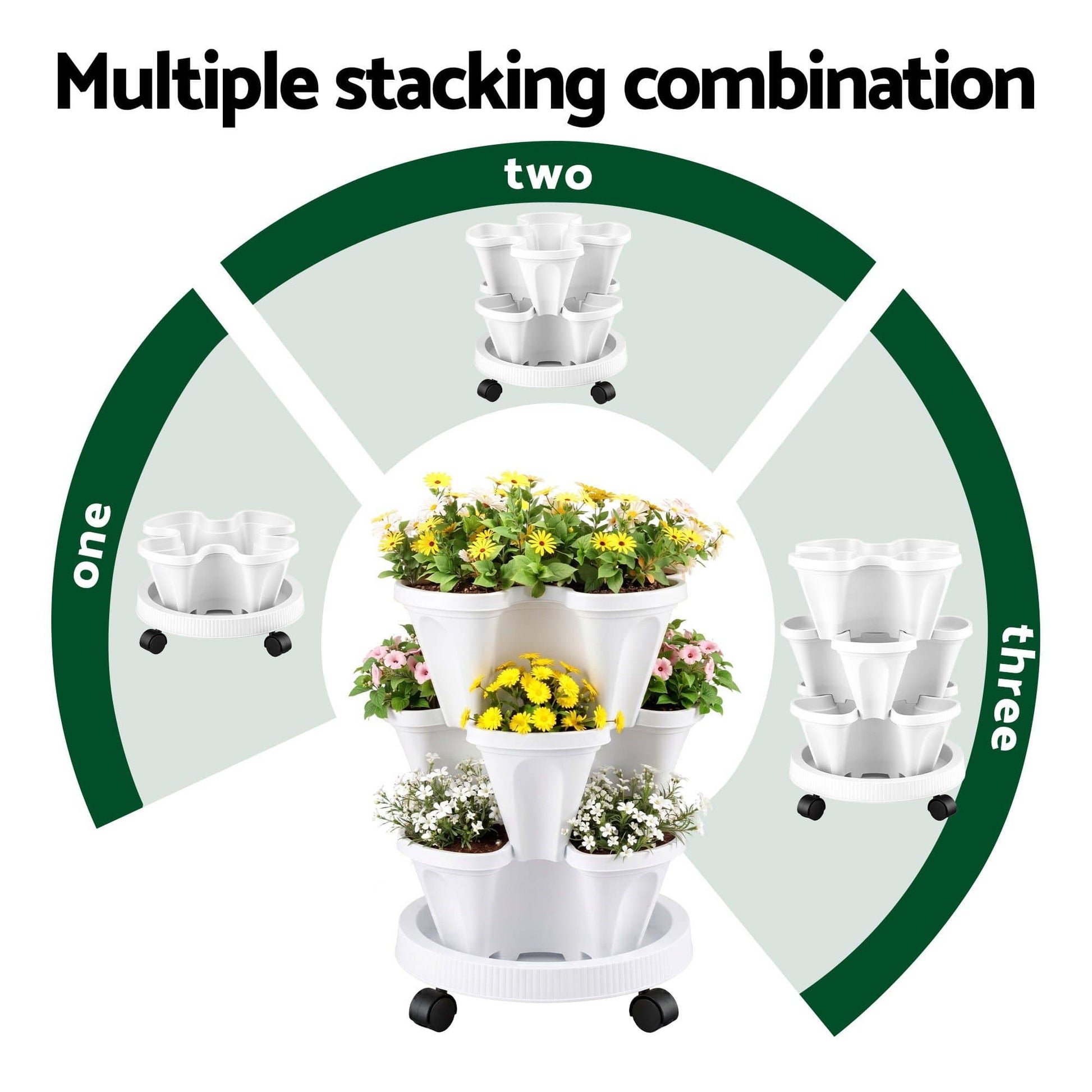 Alona.com.au Home & Garden > Garden Beds > Garden Beds & Planters Green Fingers 3 Tier Stackable Vertical Planter Tower Strawberry Pot Wheels White