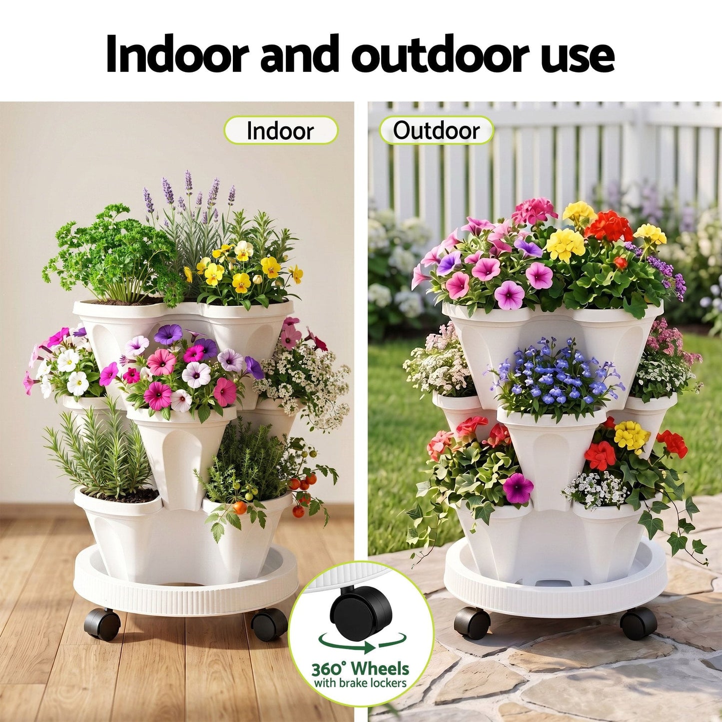 Alona.com.au Home & Garden > Garden Beds > Garden Beds & Planters Green Fingers 3 Tier Stackable Vertical Planter Tower Strawberry Pot Wheels White