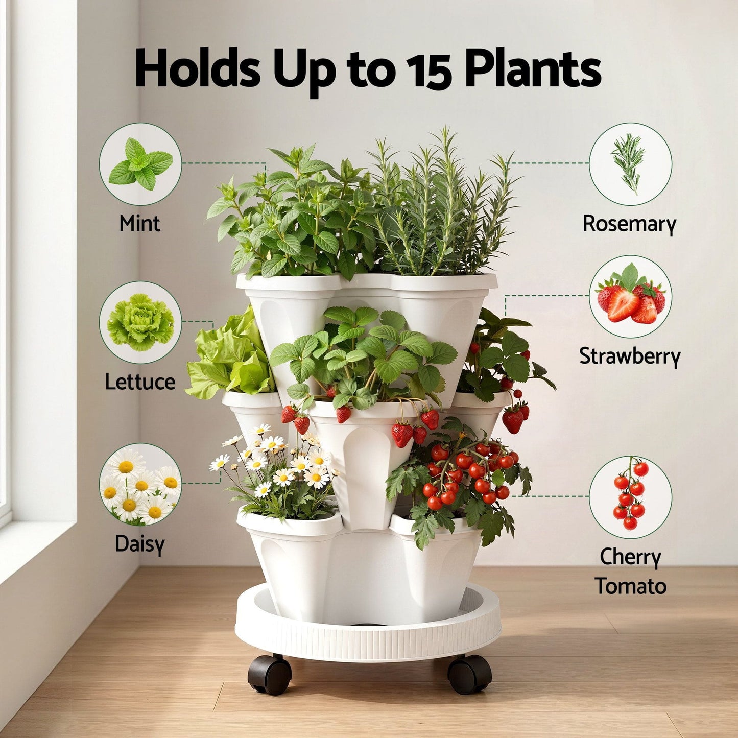 Alona.com.au Home & Garden > Garden Beds > Garden Beds & Planters Green Fingers 3 Tier Stackable Vertical Planter Tower Strawberry Pot Wheels White