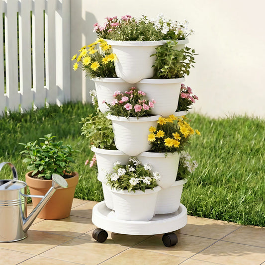 Alona.com.au Home & Garden > Garden Beds > Garden Beds & Planters Green Fingers 5 Tier Vertical Garden Planter, Stackable Planters with Wheels, White, Garden Bed, Garden Tower Indoor Outdoor, Auto Drainage System, for Strawberries, Herbs, Flowers, Vegetables