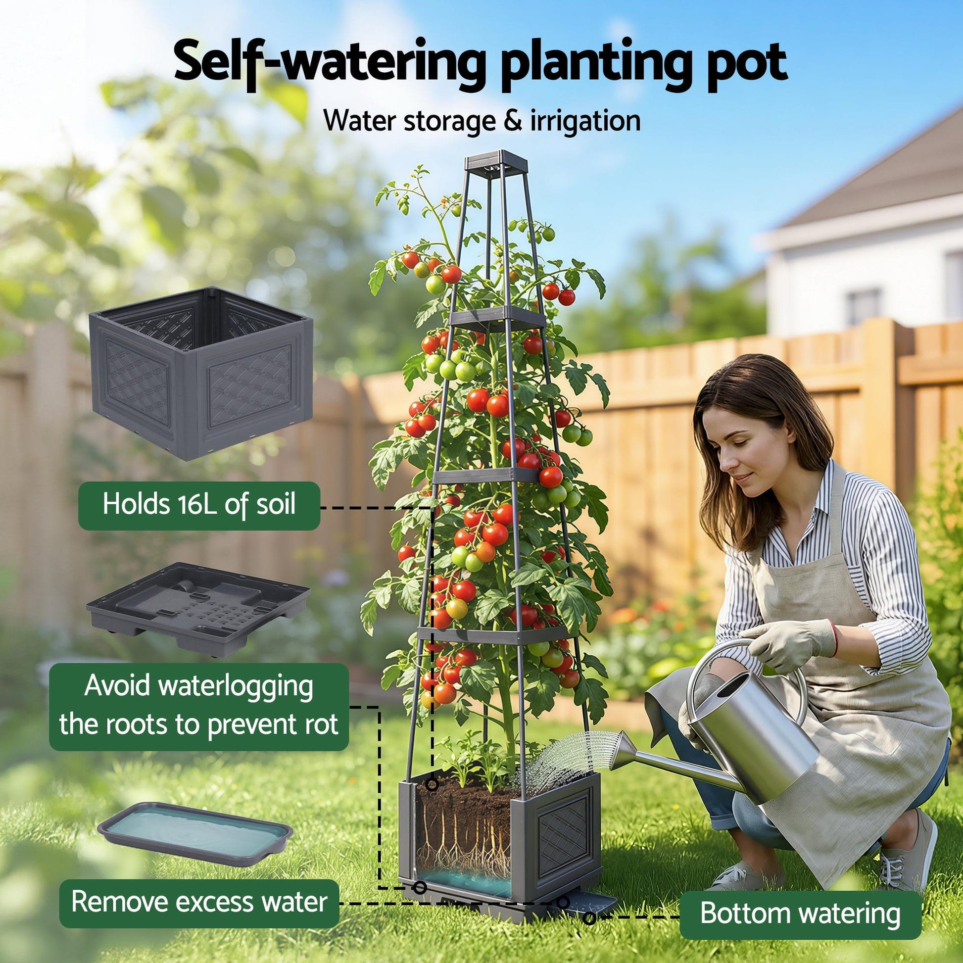 Alona.com.au Home & Garden > Garden Beds > Garden Beds & Planters Green Fingers Self Watering Planter with Trellis Adjustable Height Modular Tomato Box 4 Layer 140cm