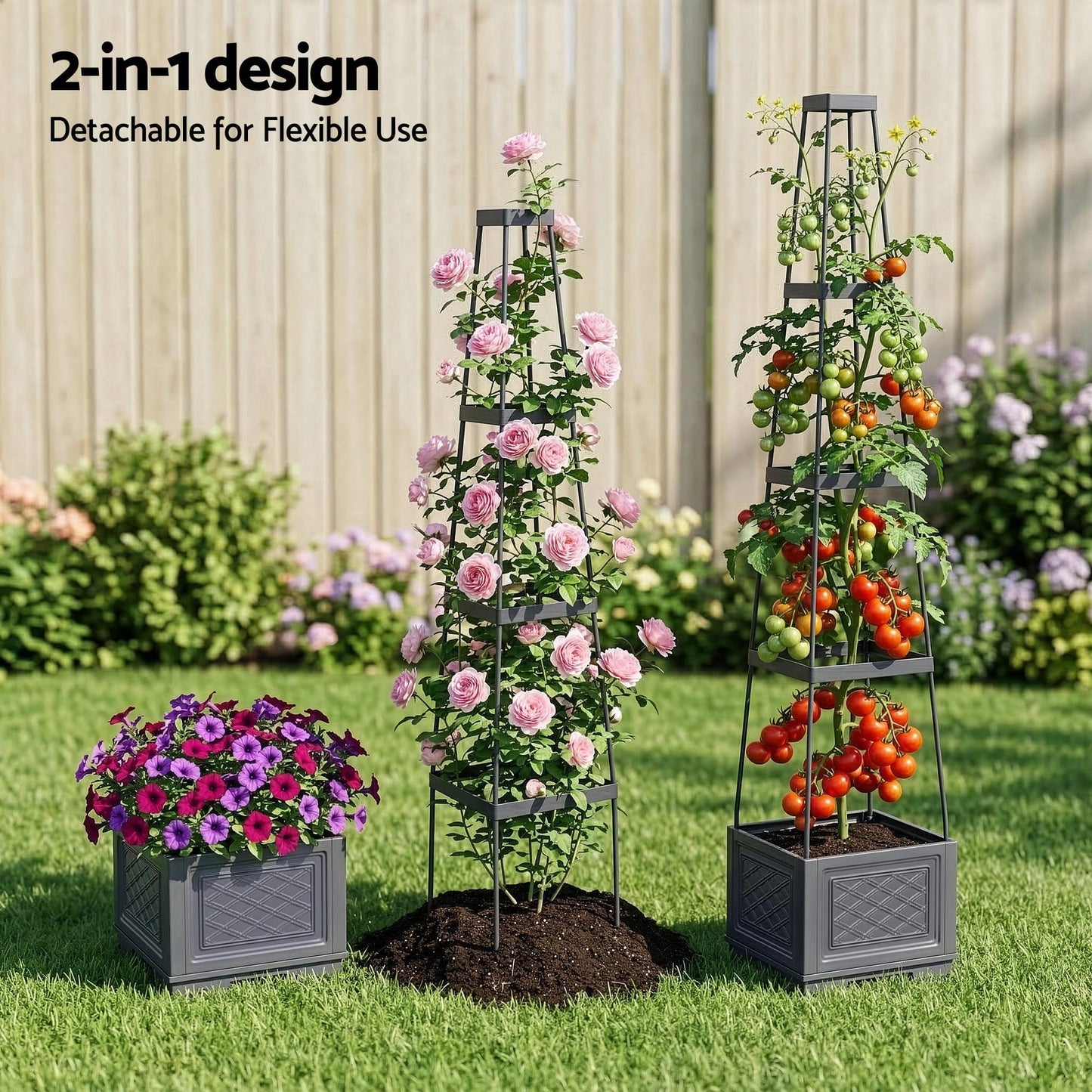 Alona.com.au Home & Garden > Garden Beds > Garden Beds & Planters Green Fingers Self Watering Planter with Trellis Adjustable Height Modular Tomato Box 4 Layer 140cm