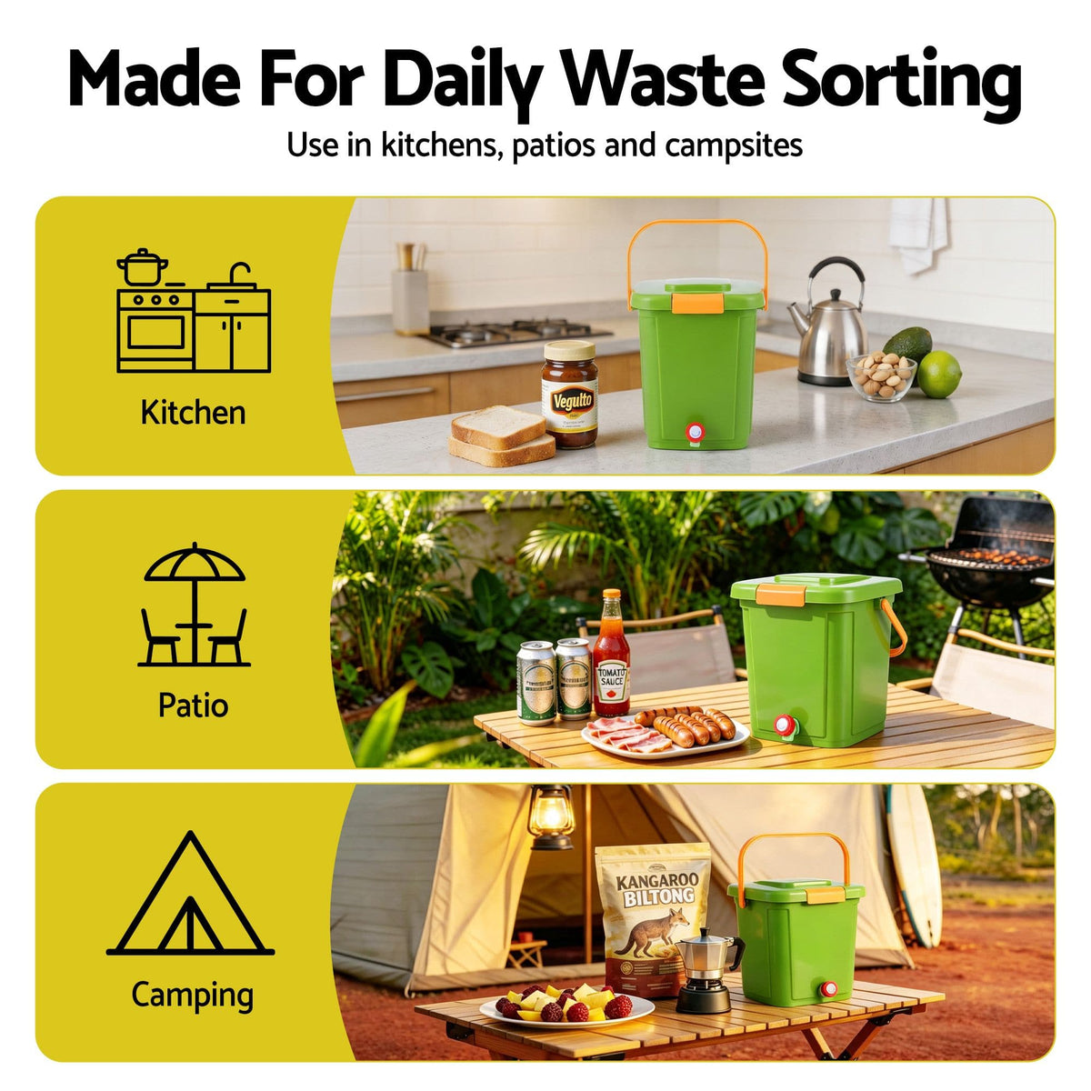 Alona.com.au Home & Garden > Garden Tools > Gardening Accessories Gardeon 15L Kitchen Compost Bin Food Waste Caddy Drain Tap Green