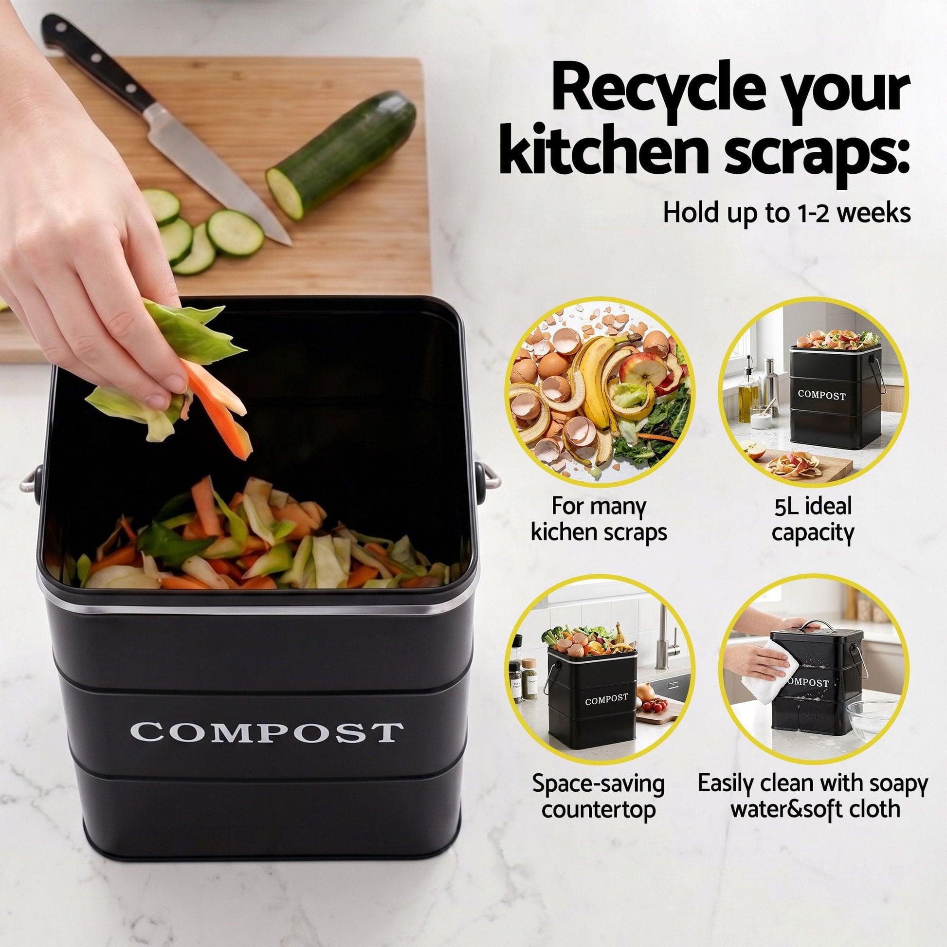 Alona.com.au Home & Garden > Garden Tools > Gardening Accessories Gardeon 5L Compost Bin Kitchen Countertop Food Waste Caddy Black