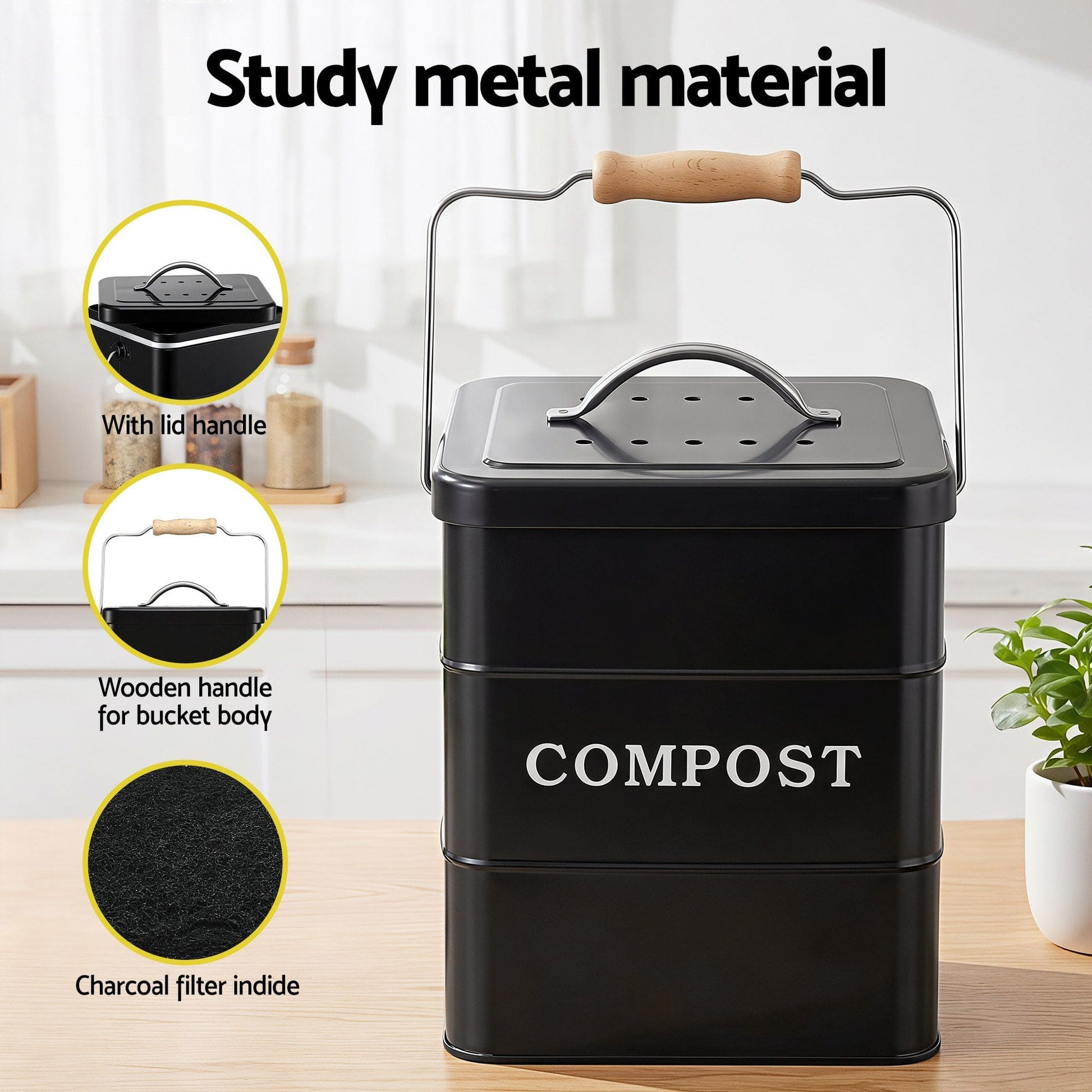 Alona.com.au Home & Garden > Garden Tools > Gardening Accessories Gardeon 5L Compost Bin Kitchen Countertop Food Waste Caddy Black