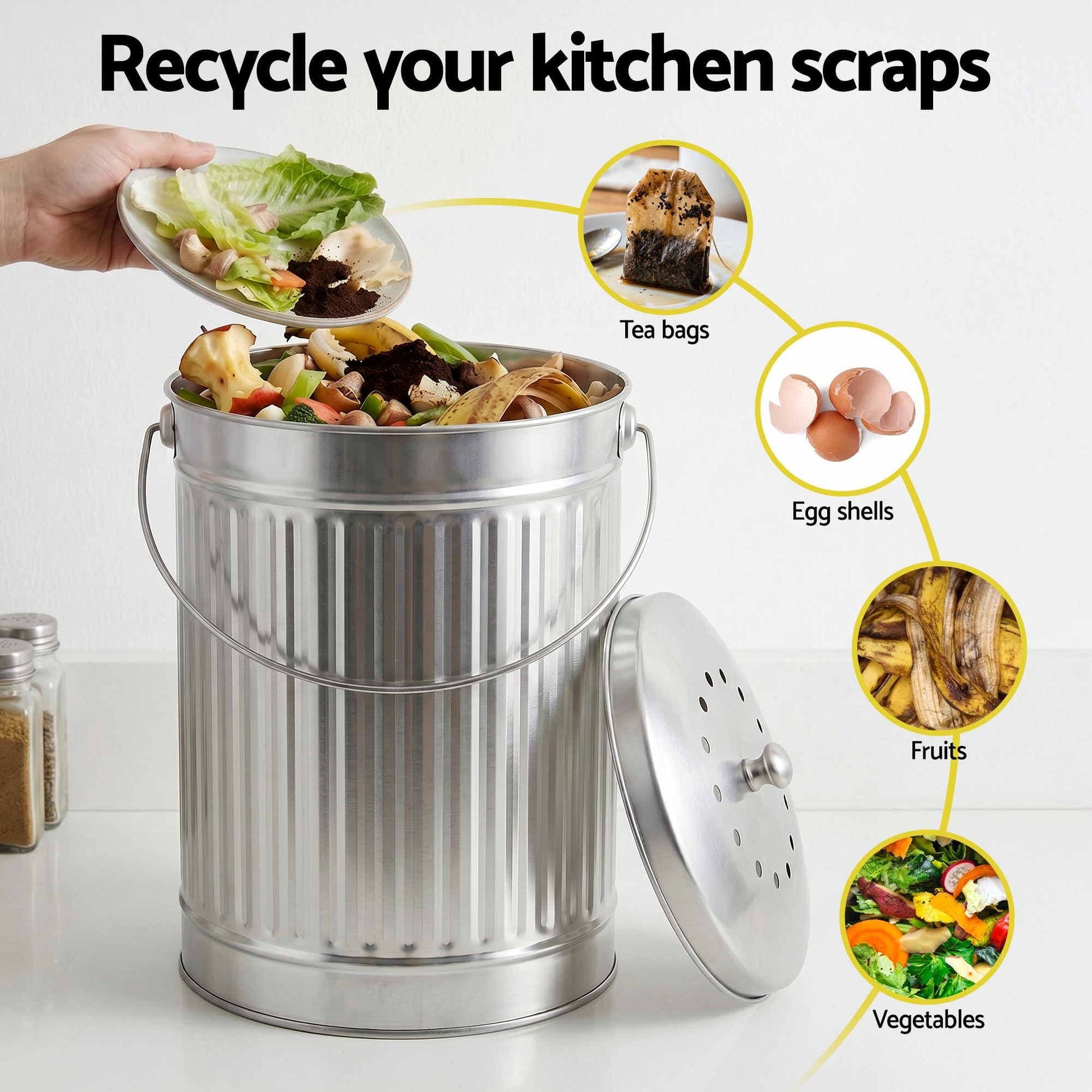 Alona.com.au Home & Garden > Garden Tools > Gardening Accessories Gardeon Compost Bin Kitchen Countertop Food Waste Caddy 6L Silver