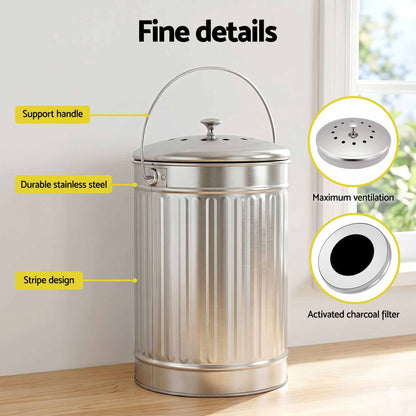Alona.com.au Home & Garden > Garden Tools > Gardening Accessories Gardeon Compost Bin Kitchen Countertop Food Waste Caddy 6L Silver