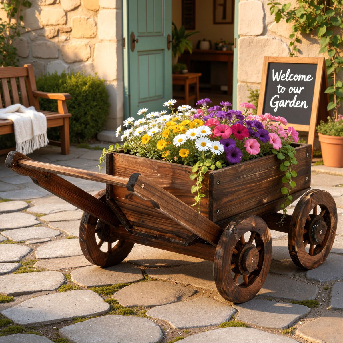 Alona.com.au Home & Garden > Garden Tools > Gardening Accessories Gardeon Wooden Planter Cart Garden Decor Plant Stand Flower Fir Wood Wagon Wheels L