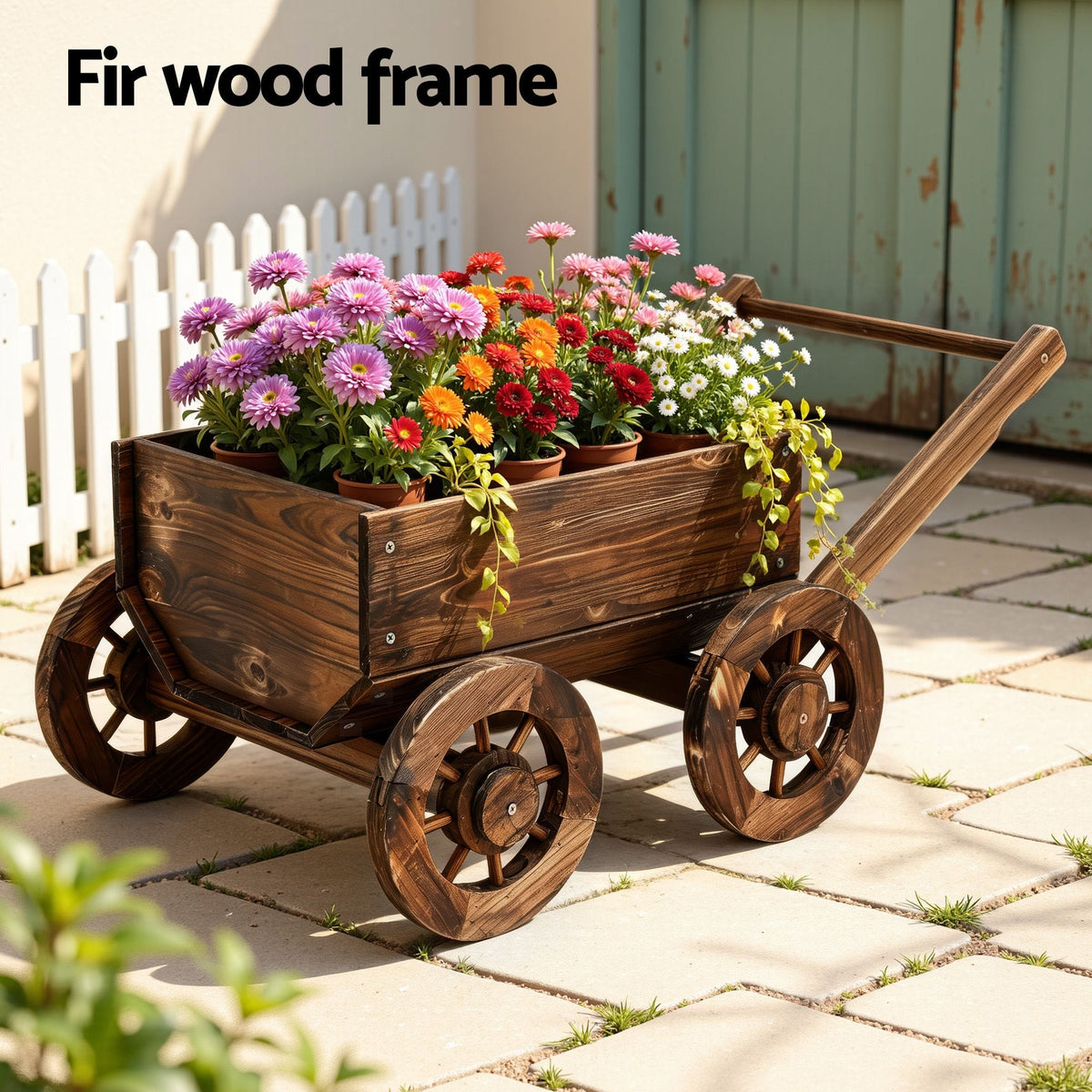 Alona.com.au Home & Garden > Garden Tools > Gardening Accessories Gardeon Wooden Planter Cart Garden Decor Plant Stand Flower Fir Wood Wagon Wheels L