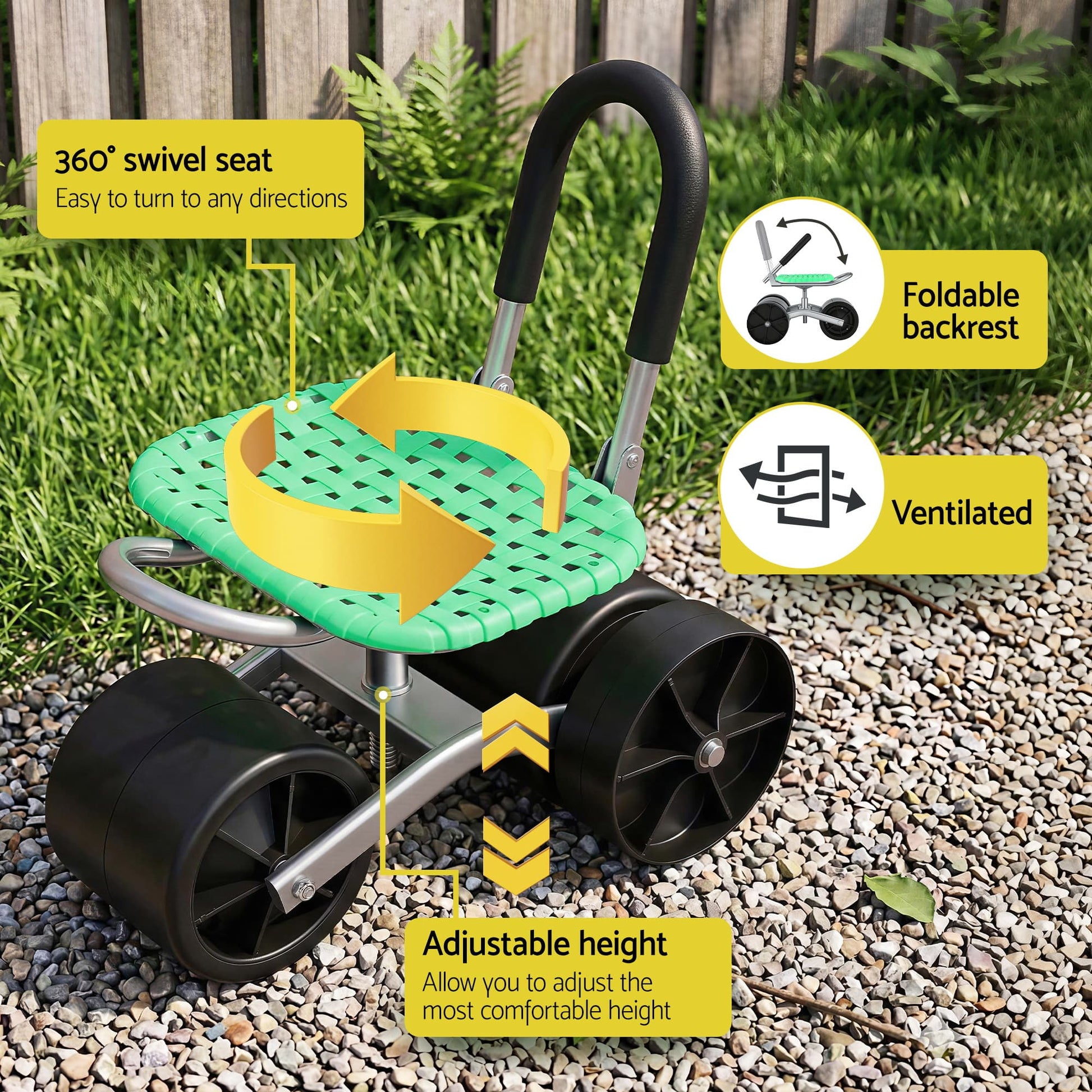 Alona.com.au Home & Garden > Garden Tools > Gardening Tools Gardeon Gardening Cart with 360° Swivel Seat | Rolling Work Seat with Adjustable Height & All-Terrain Wheels | 130KG Capacity Heavy Duty Garden Scooter for Back Pain Relief & Vehicle Detailing | Foldable Backrest & Ventilated Seat, Green
