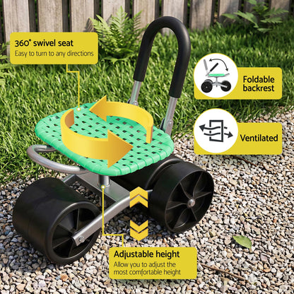 Alona.com.au Home & Garden > Garden Tools > Gardening Tools Gardeon Gardening Cart with 360° Swivel Seat | Rolling Work Seat with Adjustable Height & All-Terrain Wheels | 130KG Capacity Heavy Duty Garden Scooter for Back Pain Relief & Vehicle Detailing | Foldable Backrest & Ventilated Seat, Green