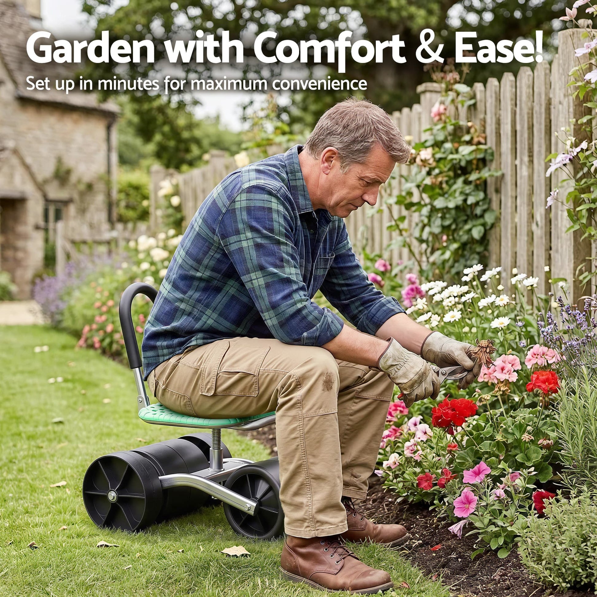 Alona.com.au Home & Garden > Garden Tools > Gardening Tools Gardeon Gardening Cart with 360° Swivel Seat | Rolling Work Seat with Adjustable Height & All-Terrain Wheels | 130KG Capacity Heavy Duty Garden Scooter for Back Pain Relief & Vehicle Detailing | Foldable Backrest & Ventilated Seat, Green