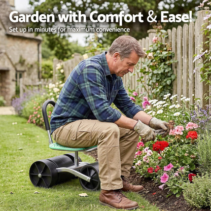 Alona.com.au Home & Garden > Garden Tools > Gardening Tools Gardeon Gardening Cart with 360° Swivel Seat | Rolling Work Seat with Adjustable Height & All-Terrain Wheels | 130KG Capacity Heavy Duty Garden Scooter for Back Pain Relief & Vehicle Detailing | Foldable Backrest & Ventilated Seat, Green