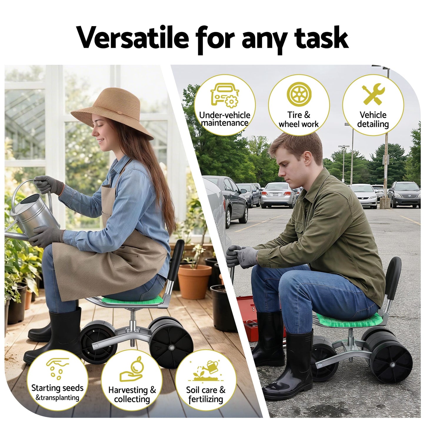 Alona.com.au Home & Garden > Garden Tools > Gardening Tools Gardeon Gardening Cart with 360° Swivel Seat | Rolling Work Seat with Adjustable Height & All-Terrain Wheels | 130KG Capacity Heavy Duty Garden Scooter for Back Pain Relief & Vehicle Detailing | Foldable Backrest & Ventilated Seat, Green